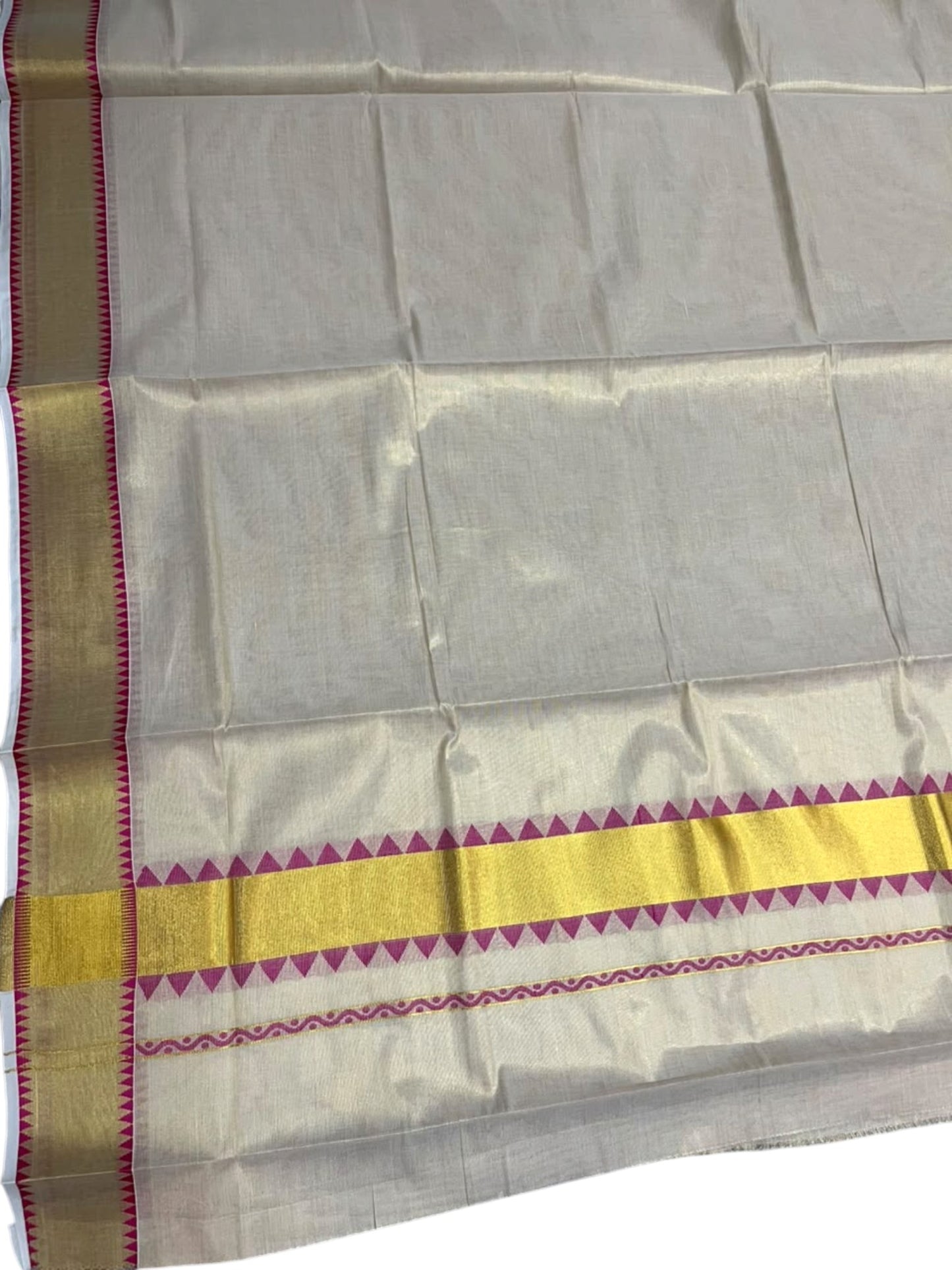 Southloom Kerala Tissue Kasavu Plain Saree with Pink Temple Border SL456