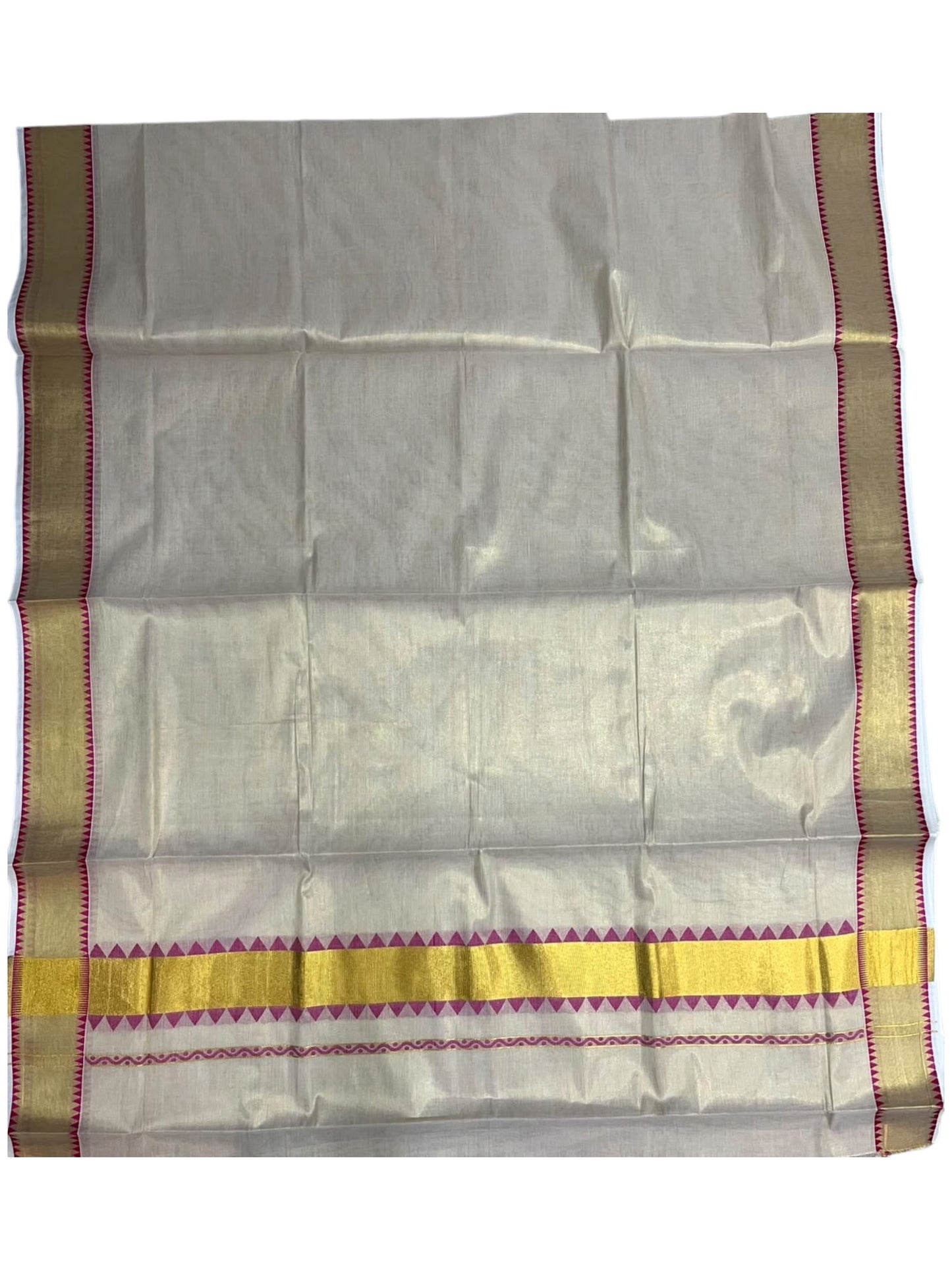 Southloom Kerala Tissue Kasavu Plain Saree with Pink Temple Border SL456