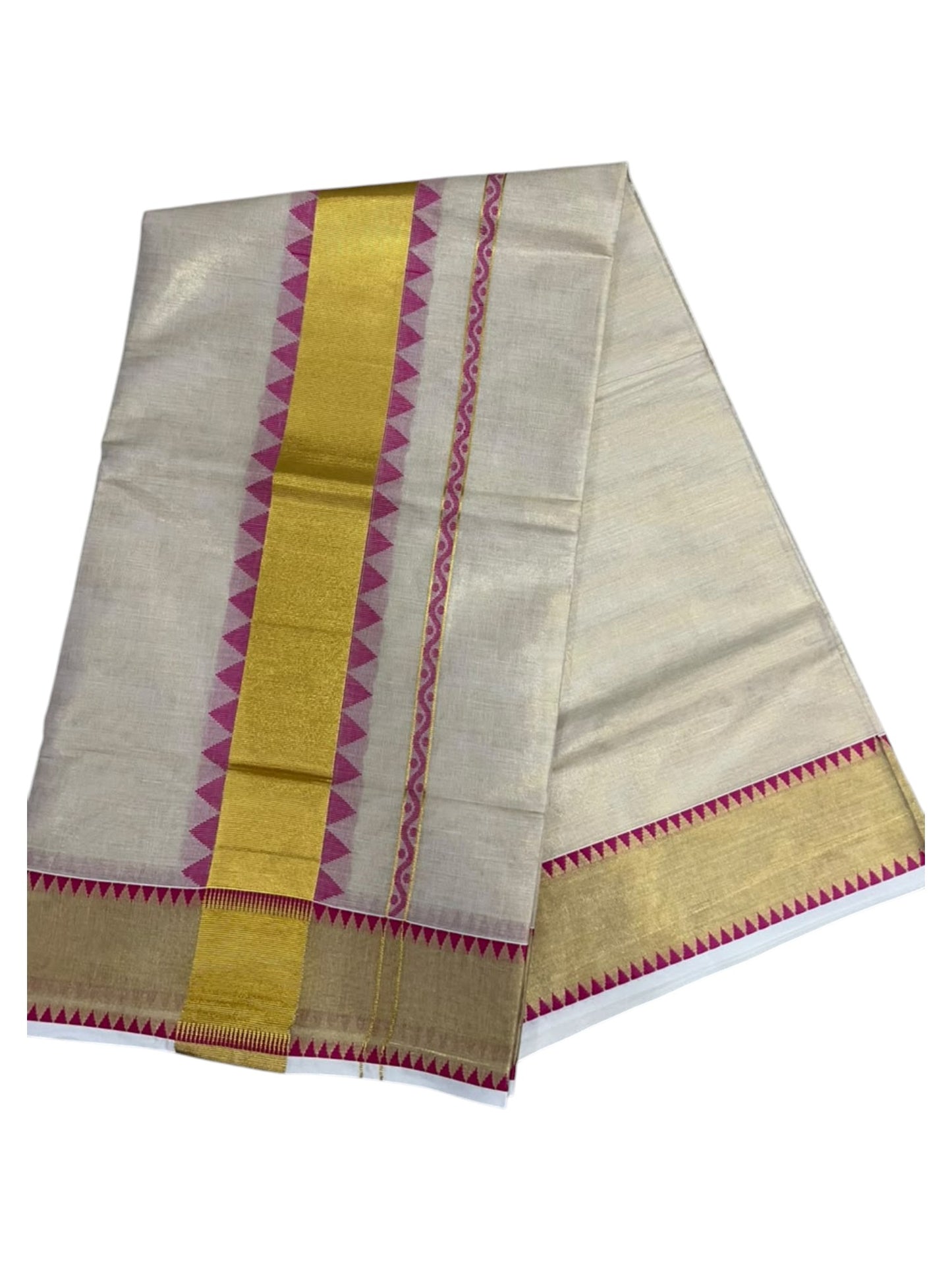 Southloom Kerala Tissue Kasavu Plain Saree with Pink Temple Border SL456