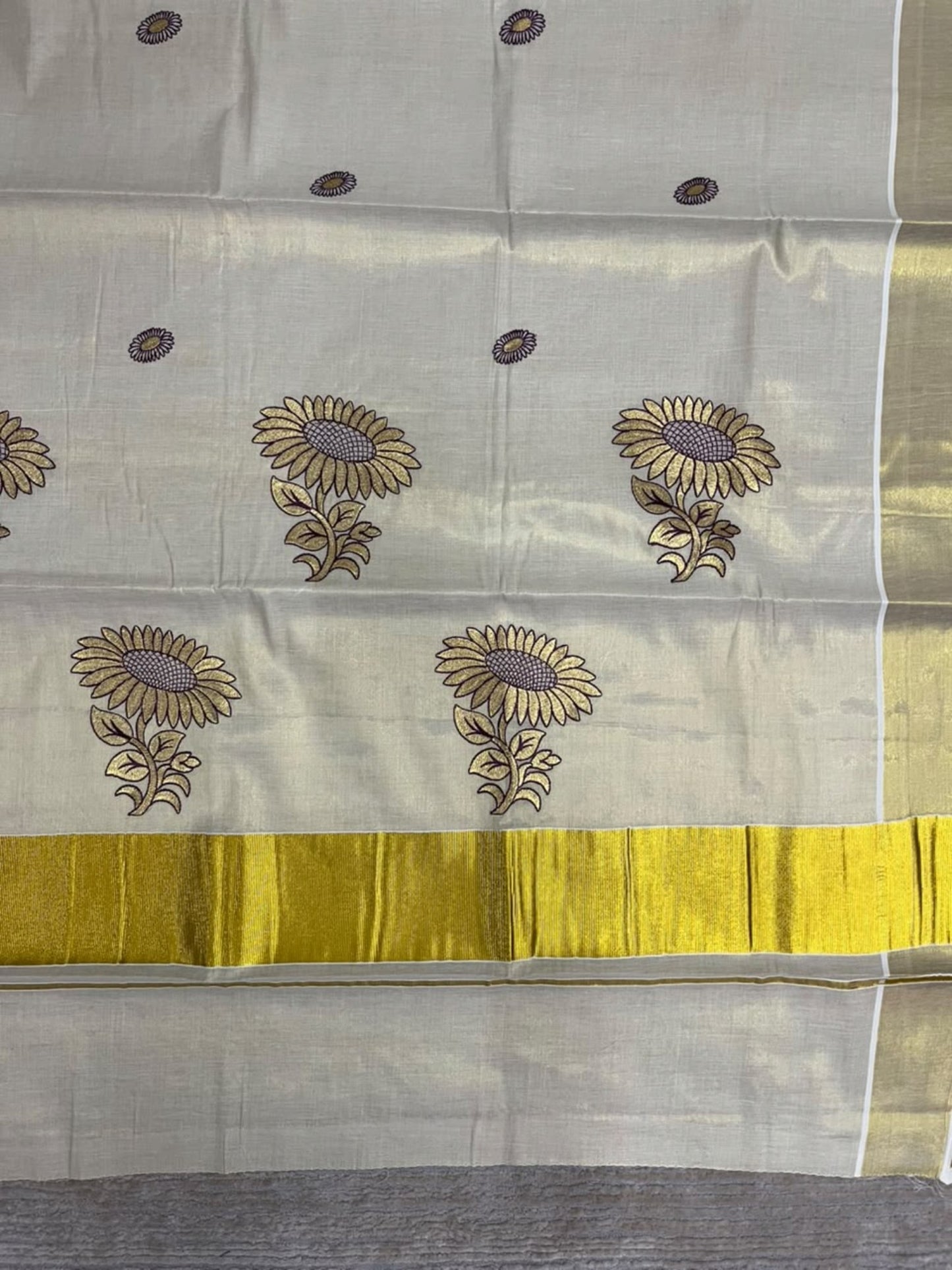 Southloom Kerala Tissue Kasavu Plain Saree with Purple&Gold Floral embroidery work