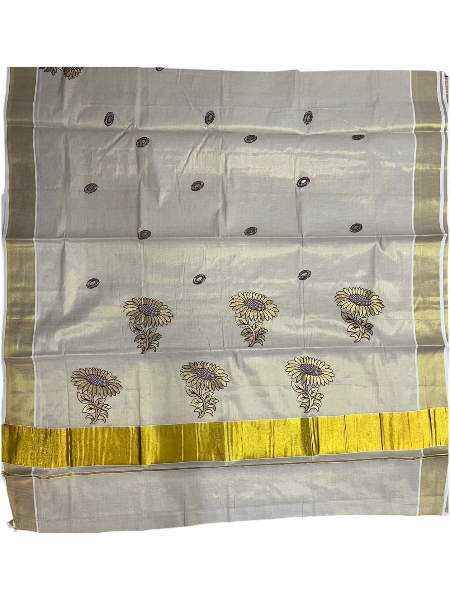 Southloom Kerala Tissue Kasavu Plain Saree with Purple&Gold Floral embroidery work