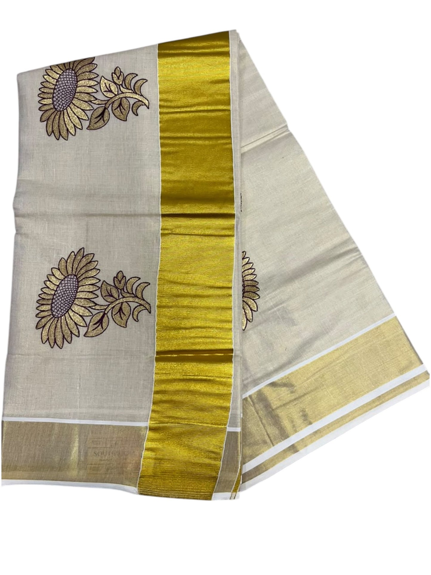 Southloom Kerala Tissue Kasavu Plain Saree with Purple&Gold Floral embroidery work