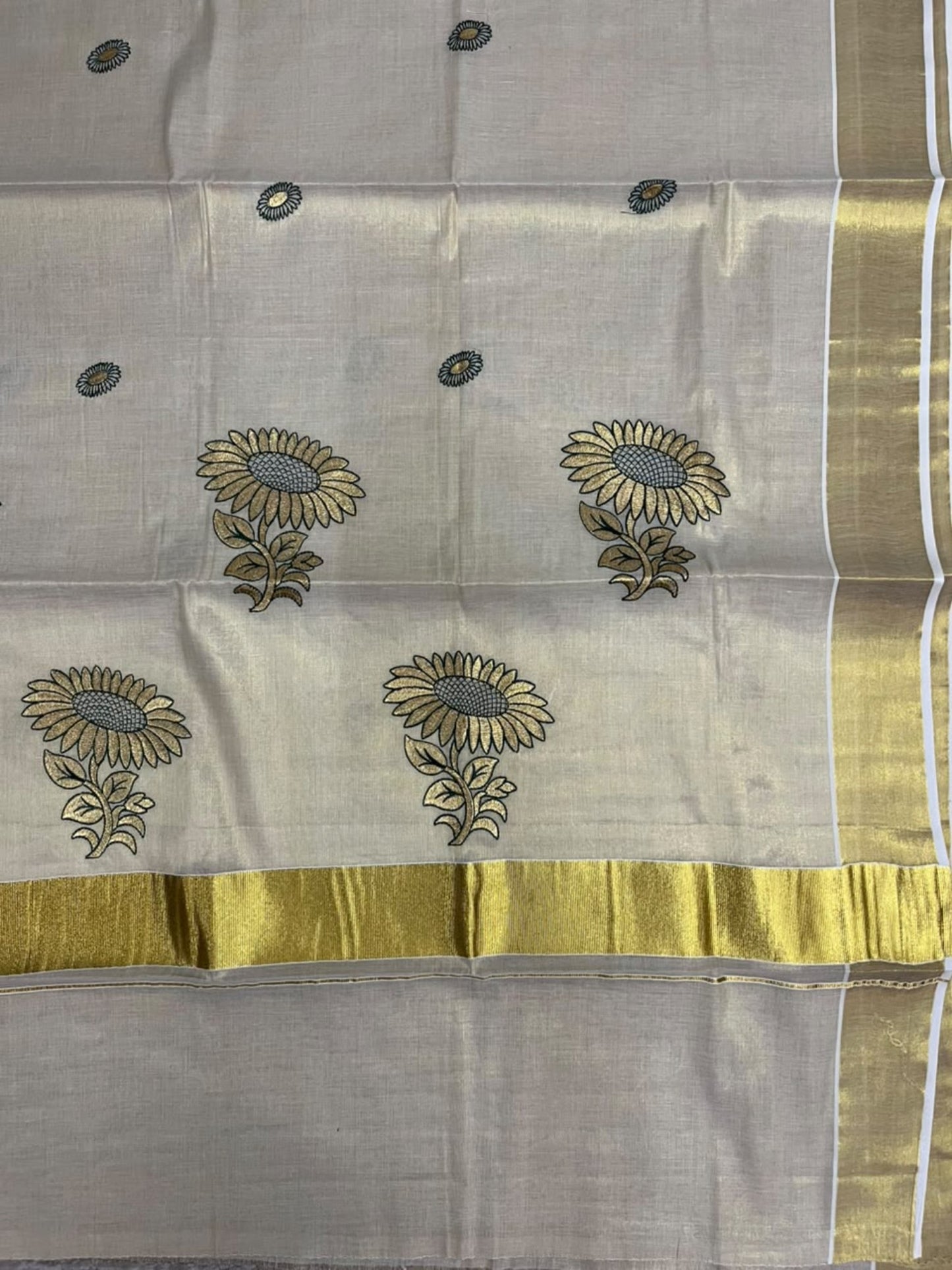 Southloom Kerala Tissue Kasavu Plain Saree with Green &Gold Floral embroidery work