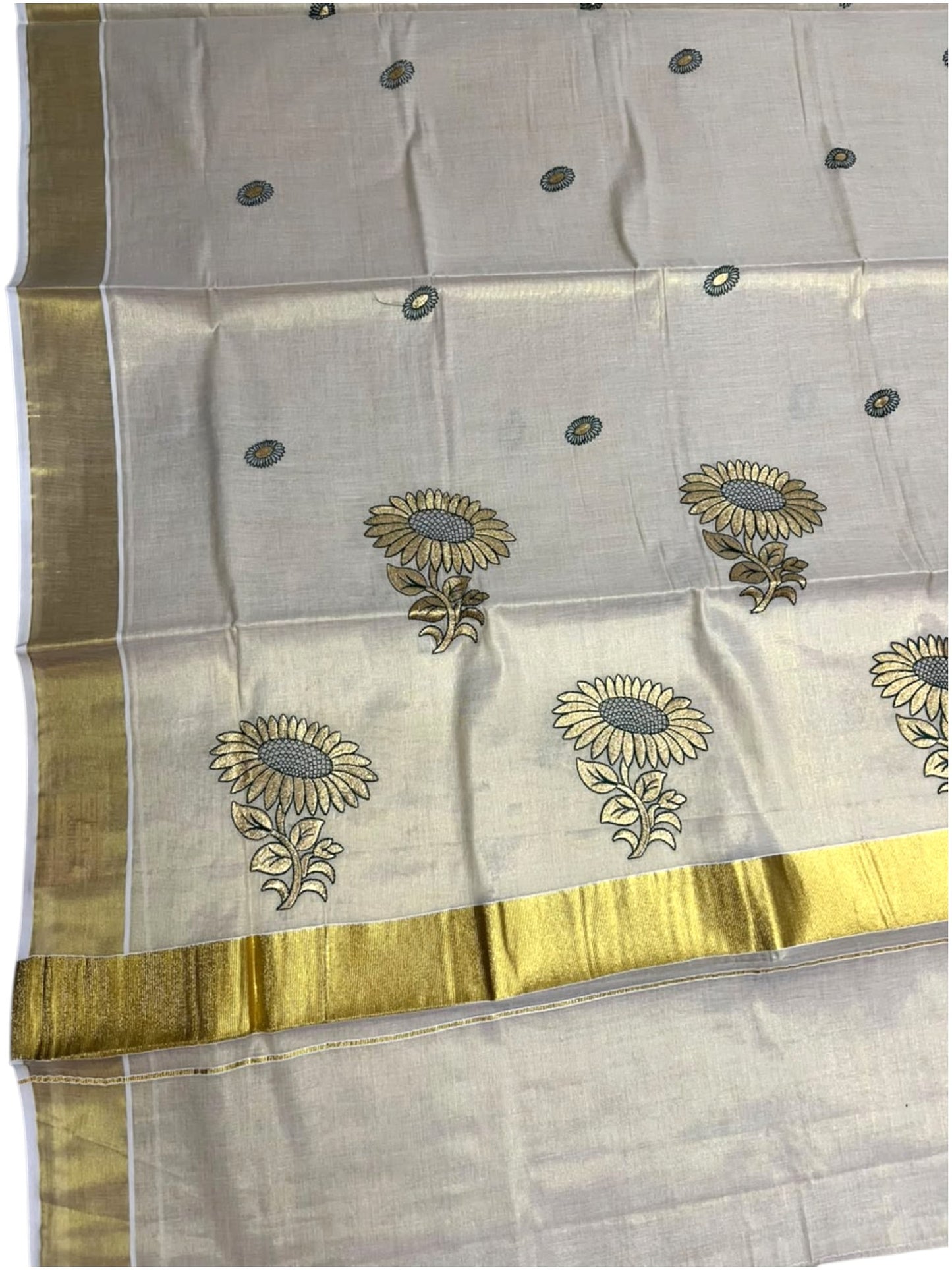 Southloom Kerala Tissue Kasavu Plain Saree with Green &Gold Floral embroidery work