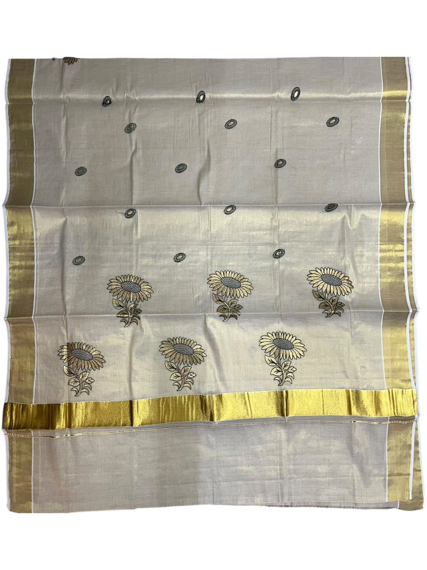 Southloom Kerala Tissue Kasavu Plain Saree with Green &Gold Floral embroidery work