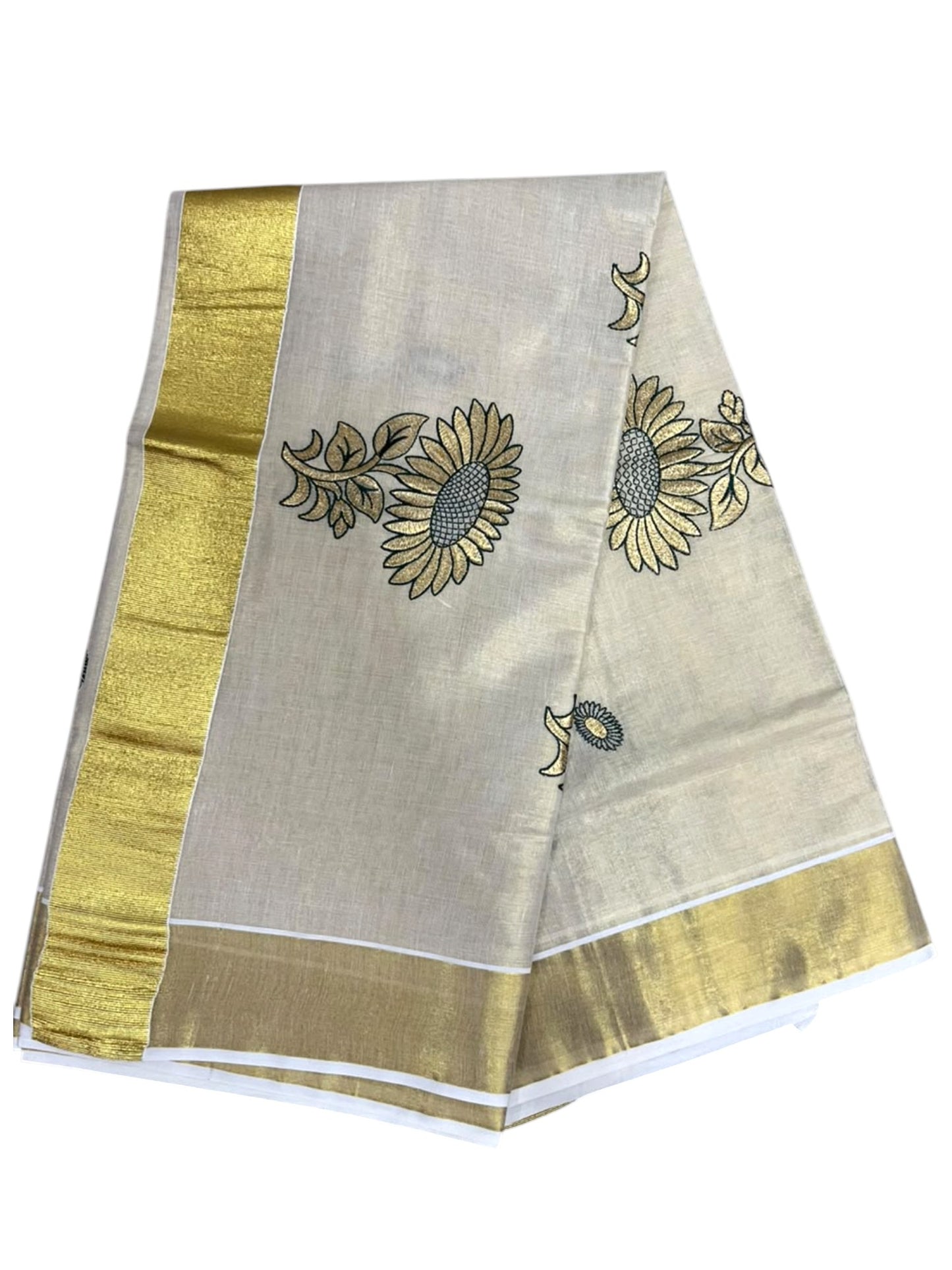 Southloom Kerala Tissue Kasavu Plain Saree with Green &Gold Floral embroidery work