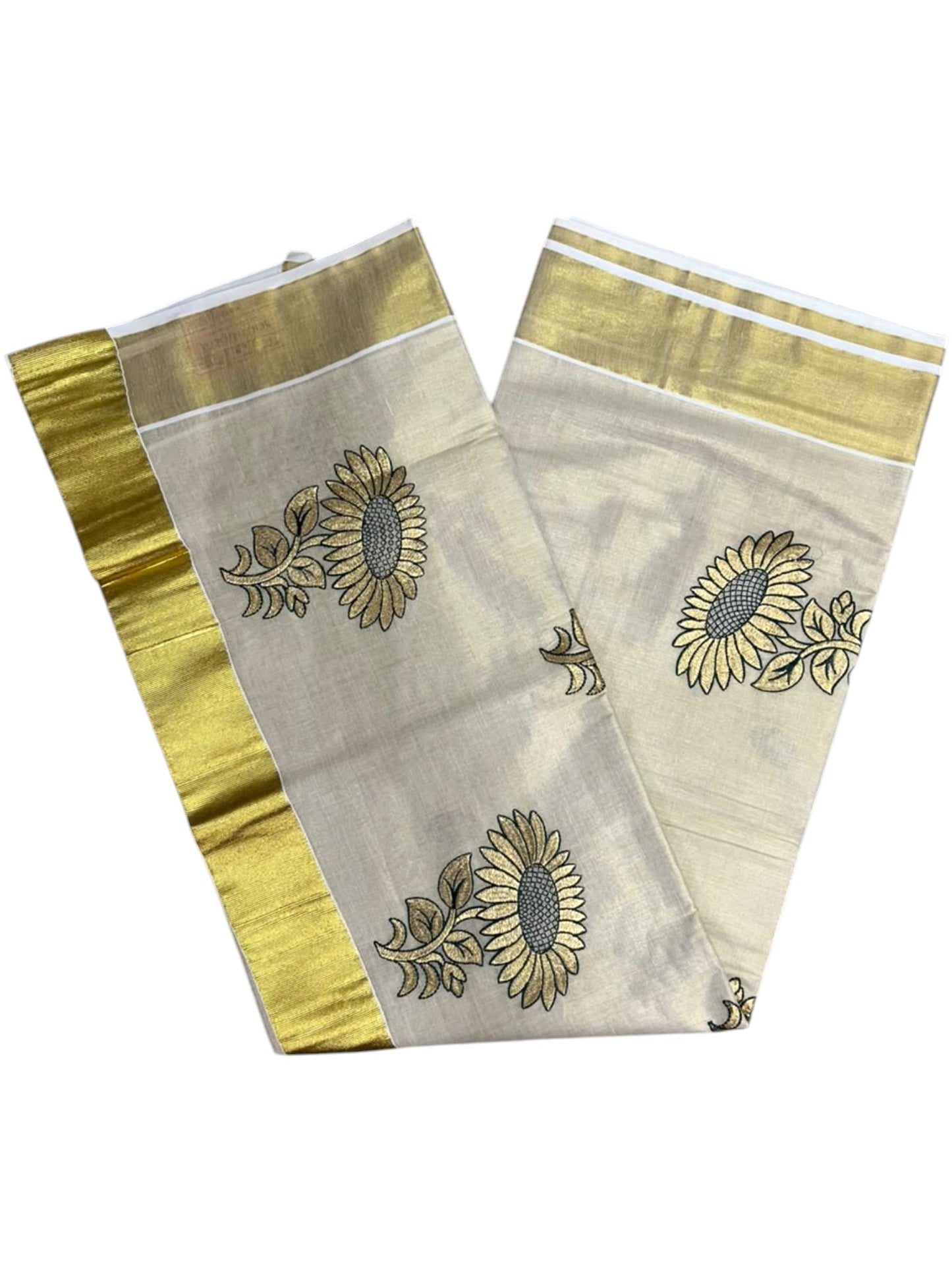 Southloom Kerala Tissue Kasavu Plain Saree with Green &Gold Floral embroidery work