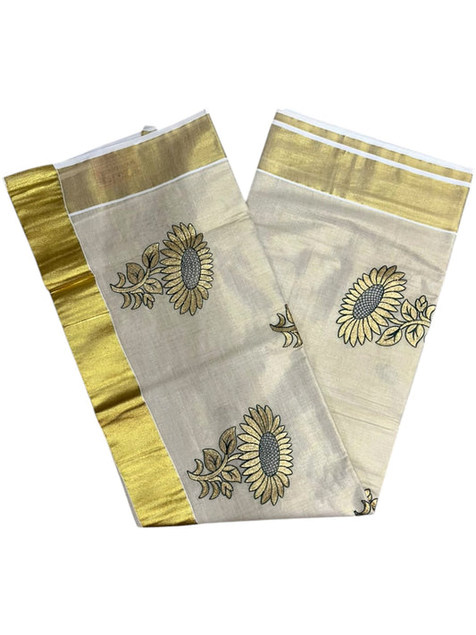 Southloom Kerala Tissue Kasavu Plain Saree with Green &Gold Floral embroidery work