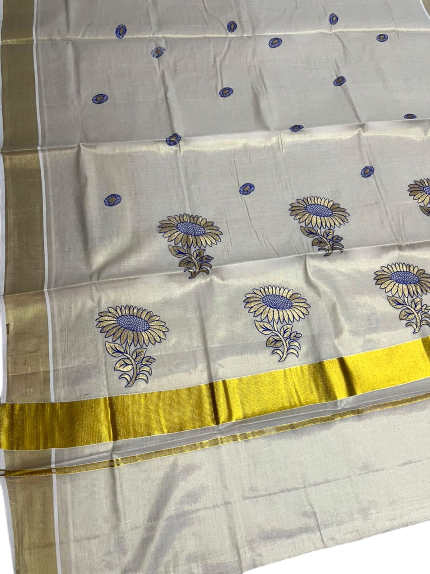 Southloom Kerala Tissue Kasavu Plain Saree with Blue &Gold Floral embroidery work