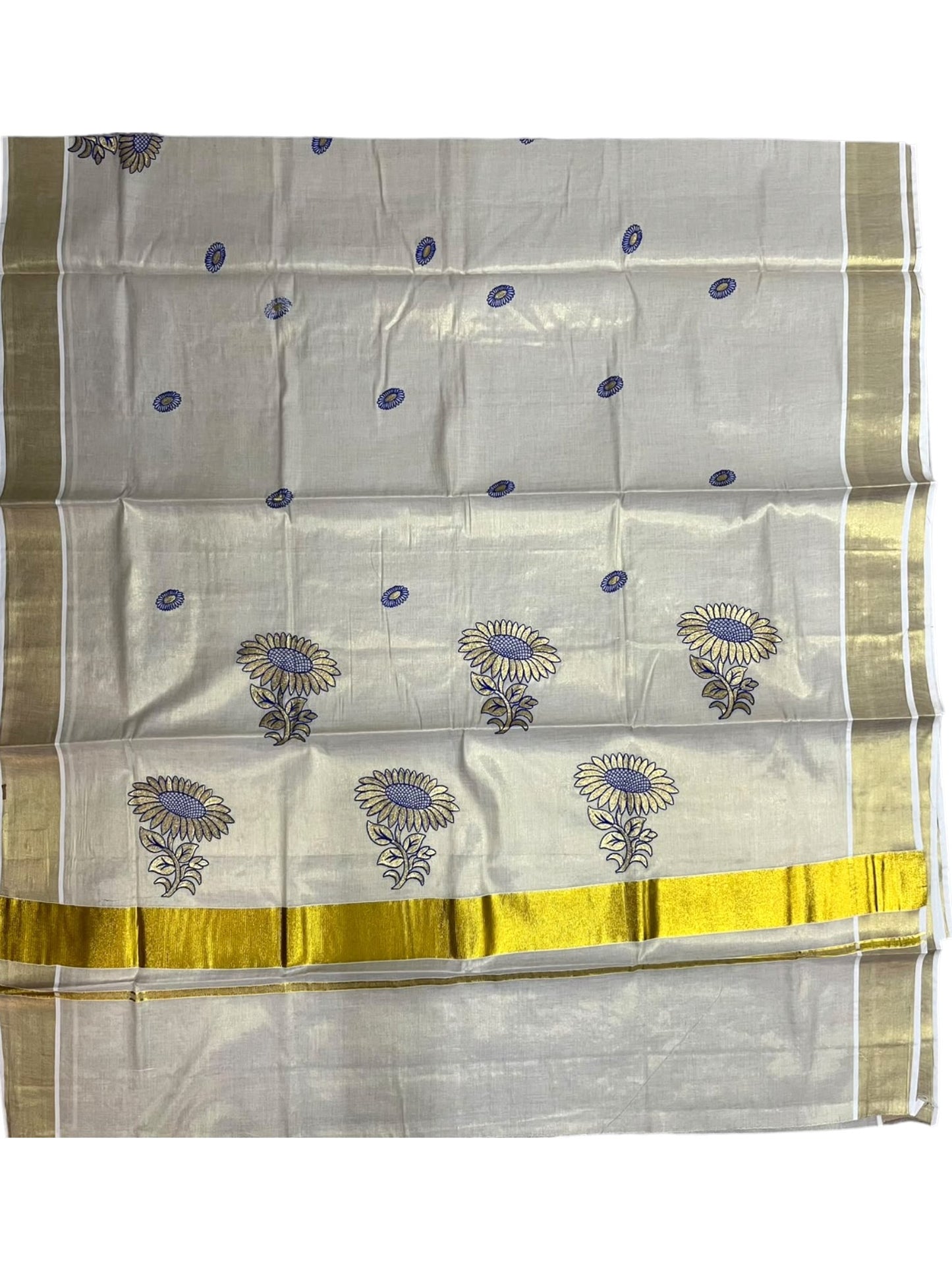 Southloom Kerala Tissue Kasavu Plain Saree with Blue &Gold Floral embroidery work