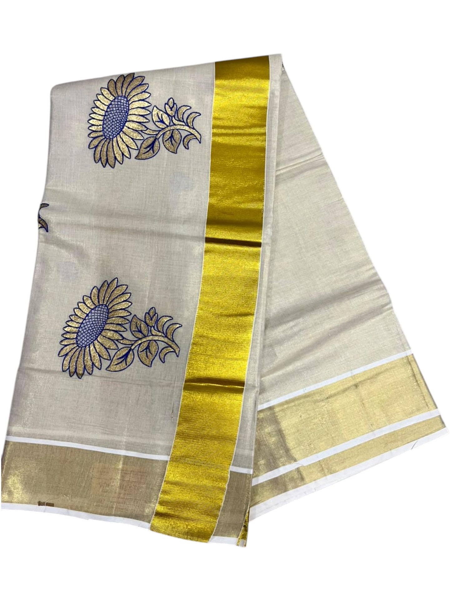 Southloom Kerala Tissue Kasavu Plain Saree with Blue &Gold Floral embroidery work