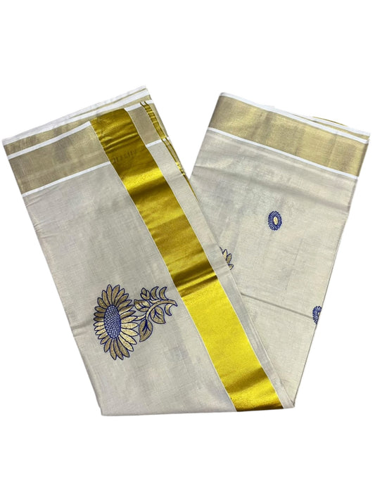 Southloom Kerala Tissue Kasavu Plain Saree with Blue &Gold Floral embroidery work