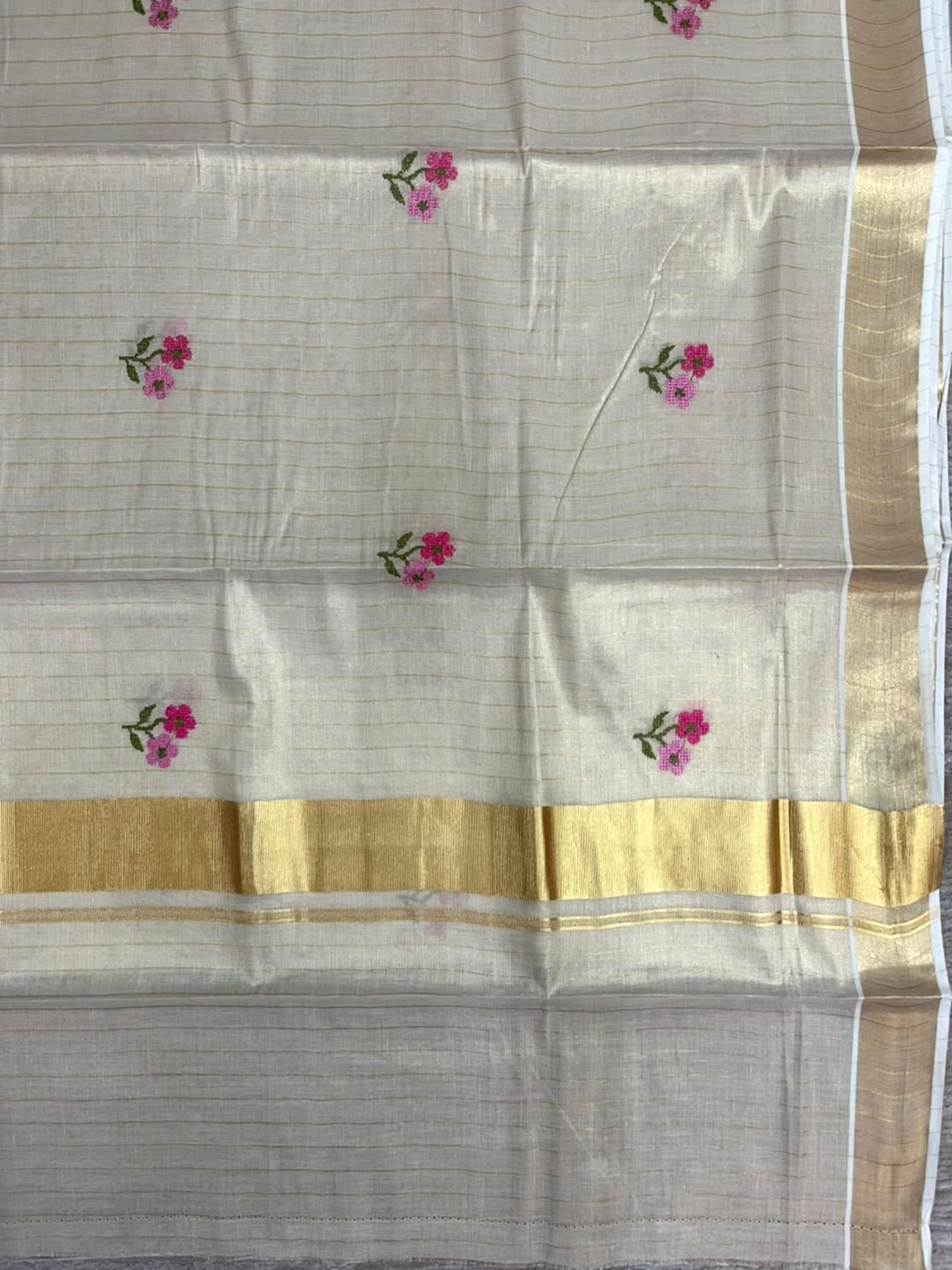 Southloom Kerala Tissue Kasavu Lines Saree with Pink Floral embroidery work