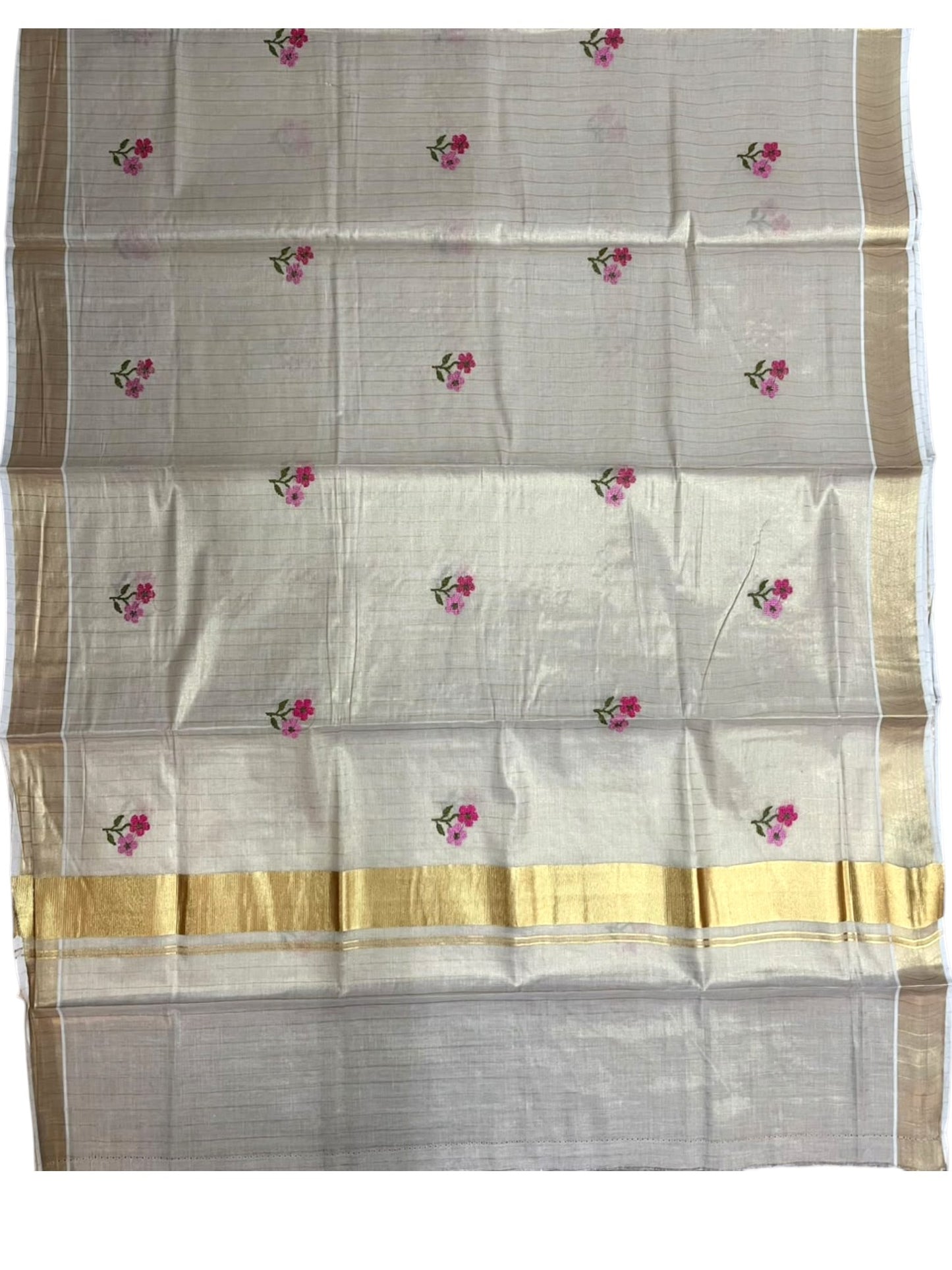 Southloom Kerala Tissue Kasavu Lines Saree with Pink Floral embroidery work