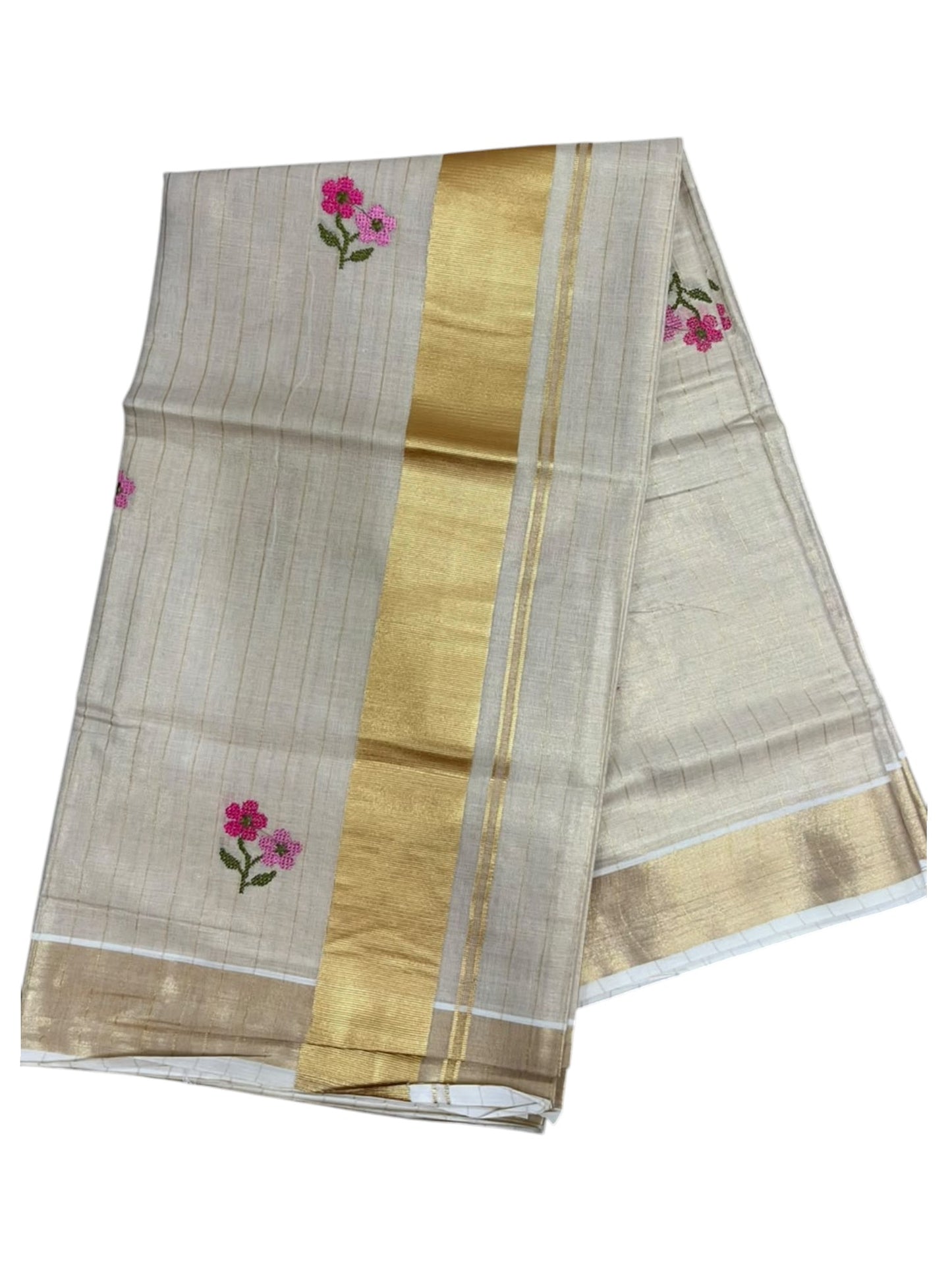 Southloom Kerala Tissue Kasavu Lines Saree with Pink Floral embroidery work