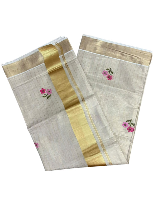 Southloom Kerala Tissue Kasavu Lines Saree with Pink Floral embroidery work