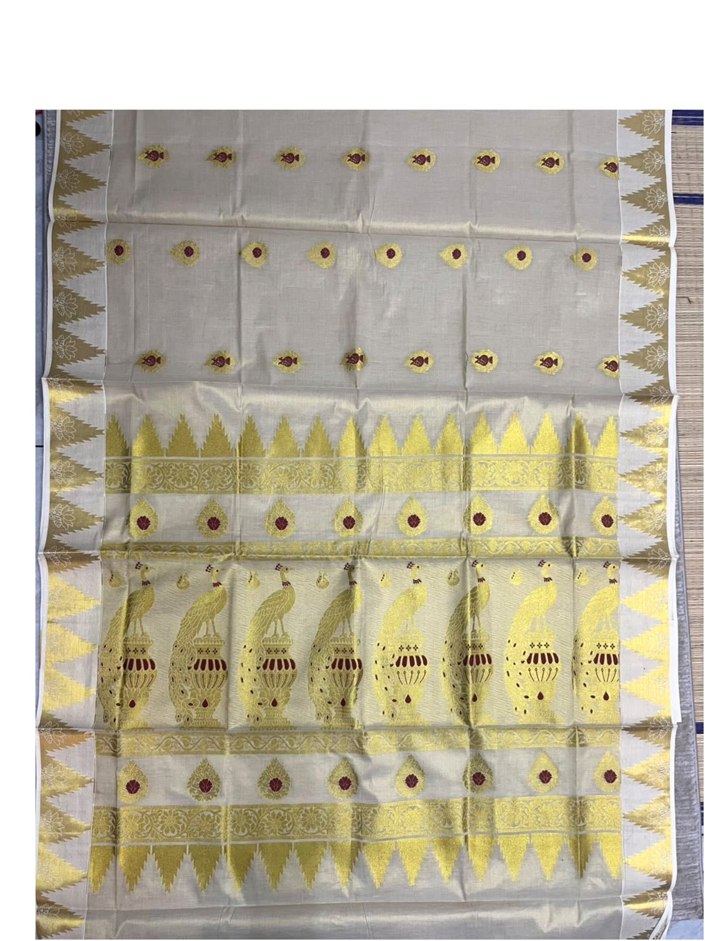 Southloom Tissue Kerala Kasavu Heavy Work Saree with Peacock Woven Design on Borders