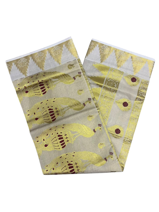Southloom Tissue Kerala Kasavu Heavy Work Saree with Peacock Woven Design on Borders