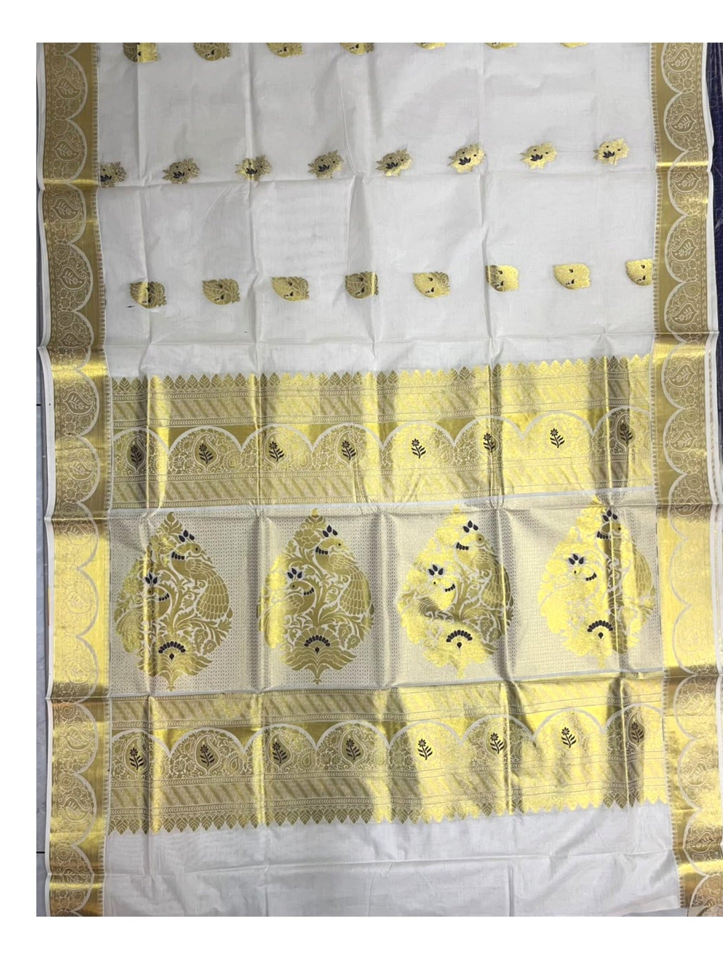 Southloom Tissue Kerala Kasavu Heavy Work  Saree with Peacock  Woven Design on  Borders