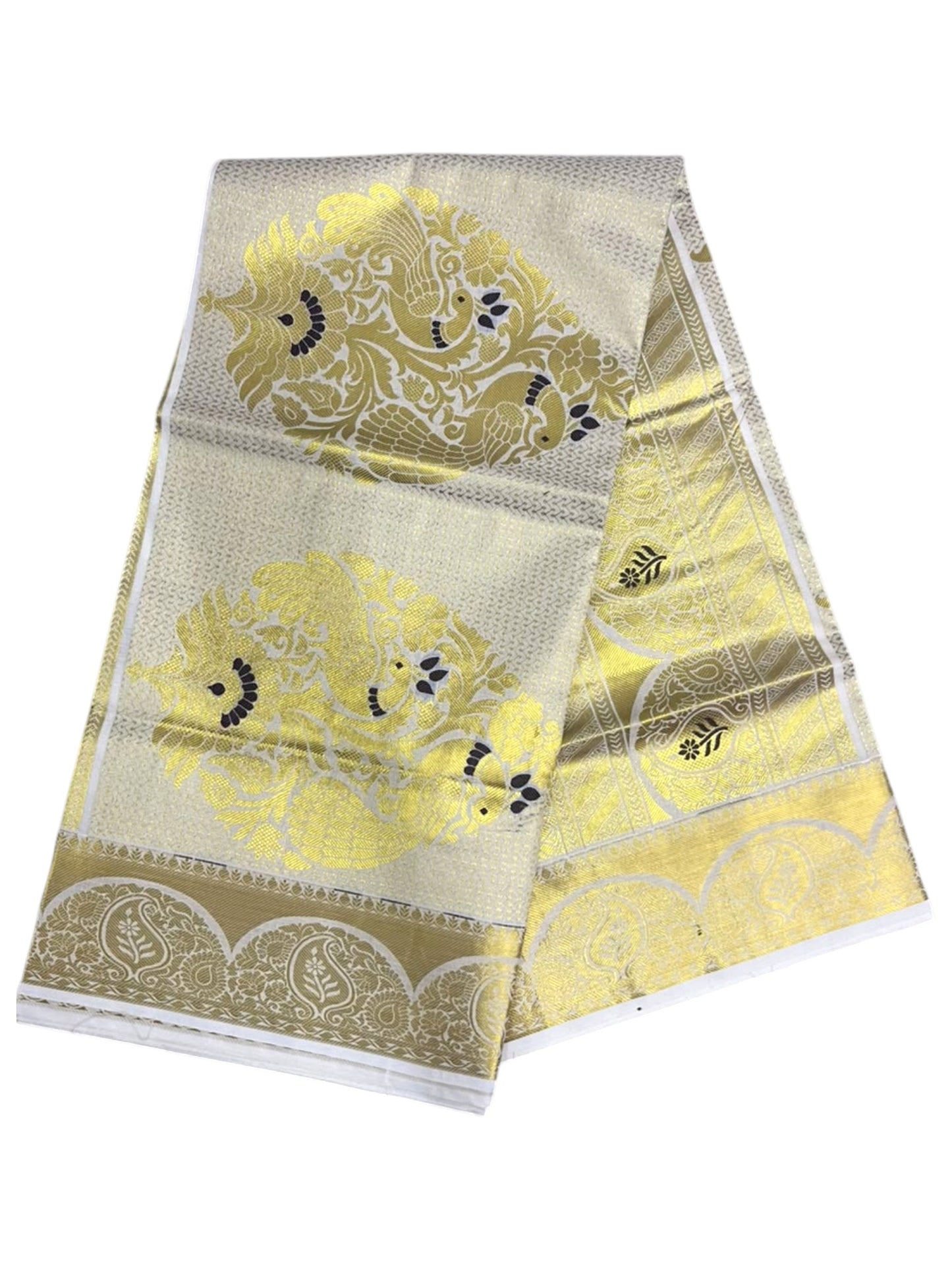 Southloom Tissue Kerala Kasavu Heavy Work  Saree with Peacock  Woven Design on  Borders