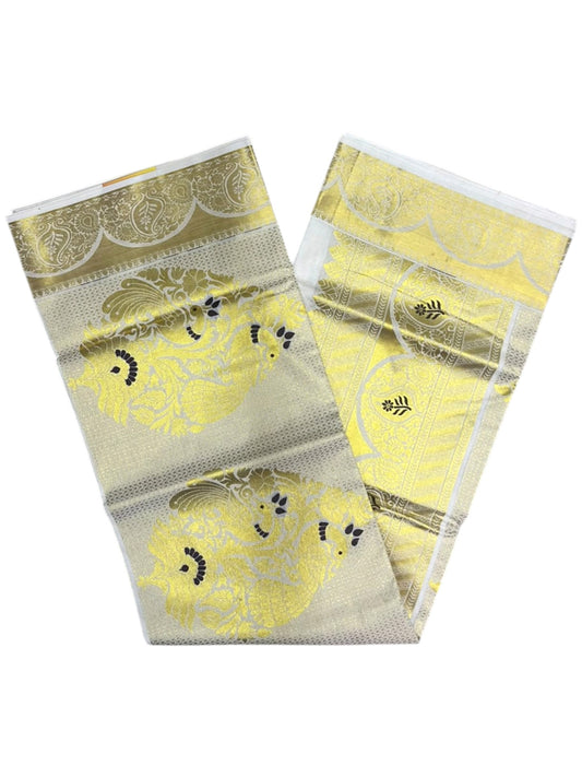 Southloom Tissue Kerala Kasavu Heavy Work  Saree with Peacock  Woven Design on  Borders
