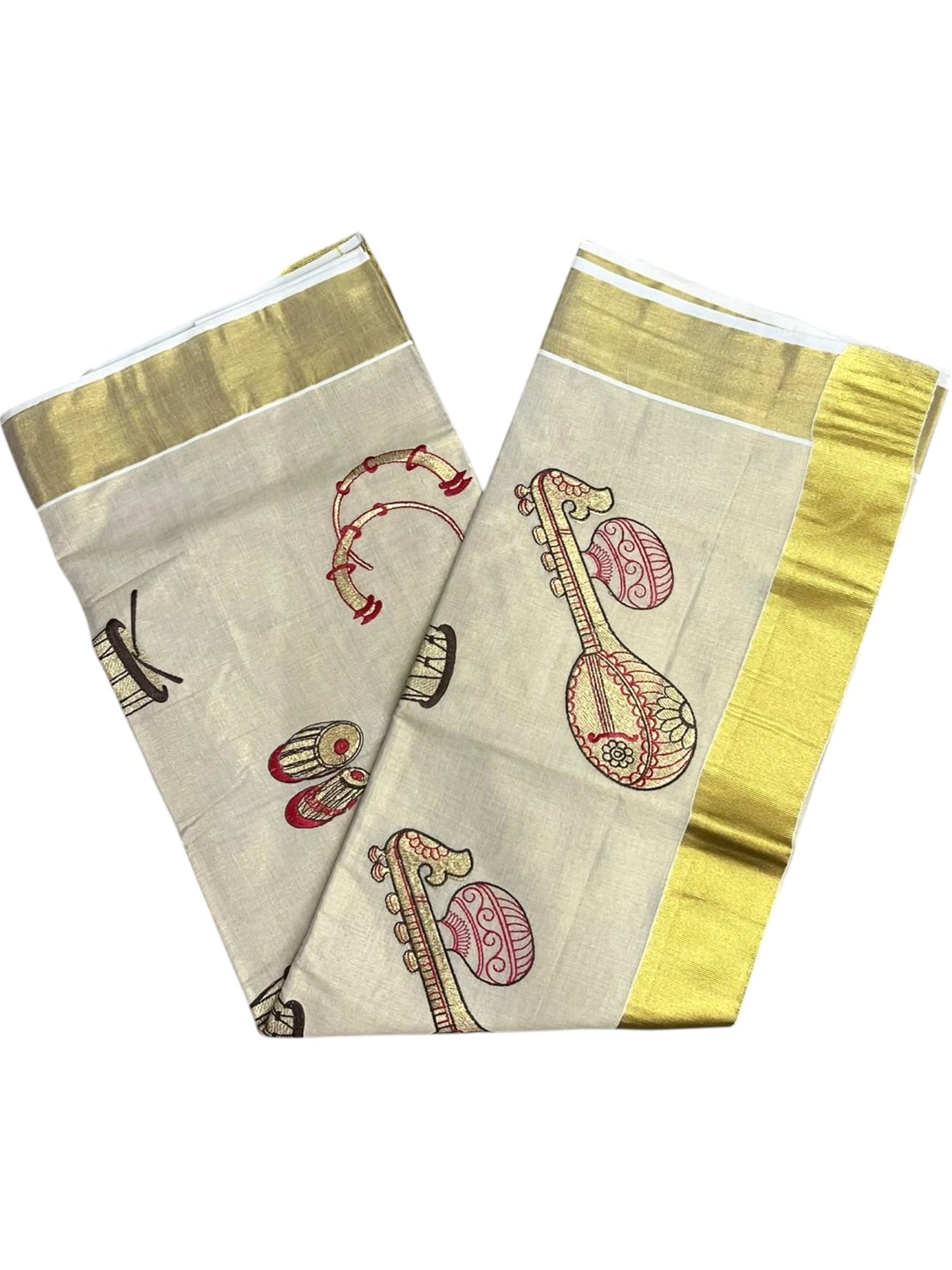 Southloom Kerala Tissue Brown&Red Veena Embroidery Saree SL302