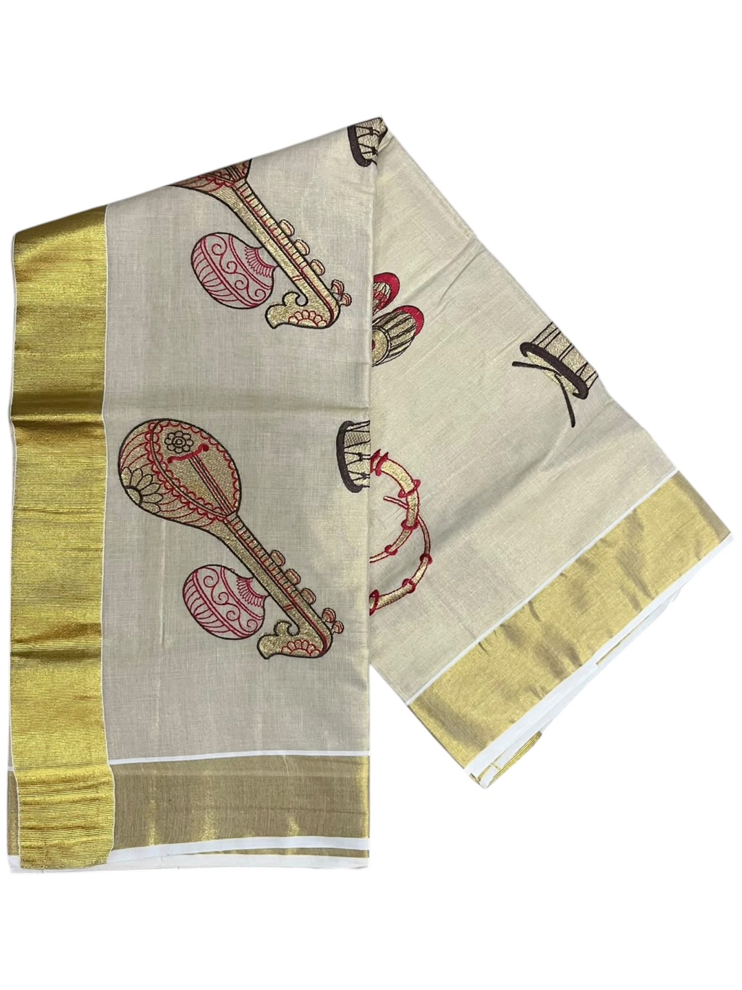 Southloom Kerala Tissue Brown&Red Veena Embroidery Saree SL302