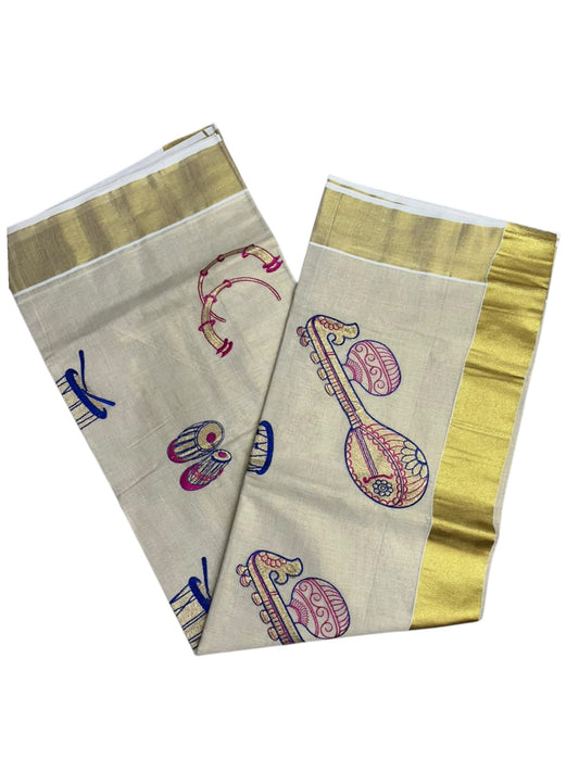 Southloom Kerala Tissue Blue&Pink Veena Embroidery Saree SL302