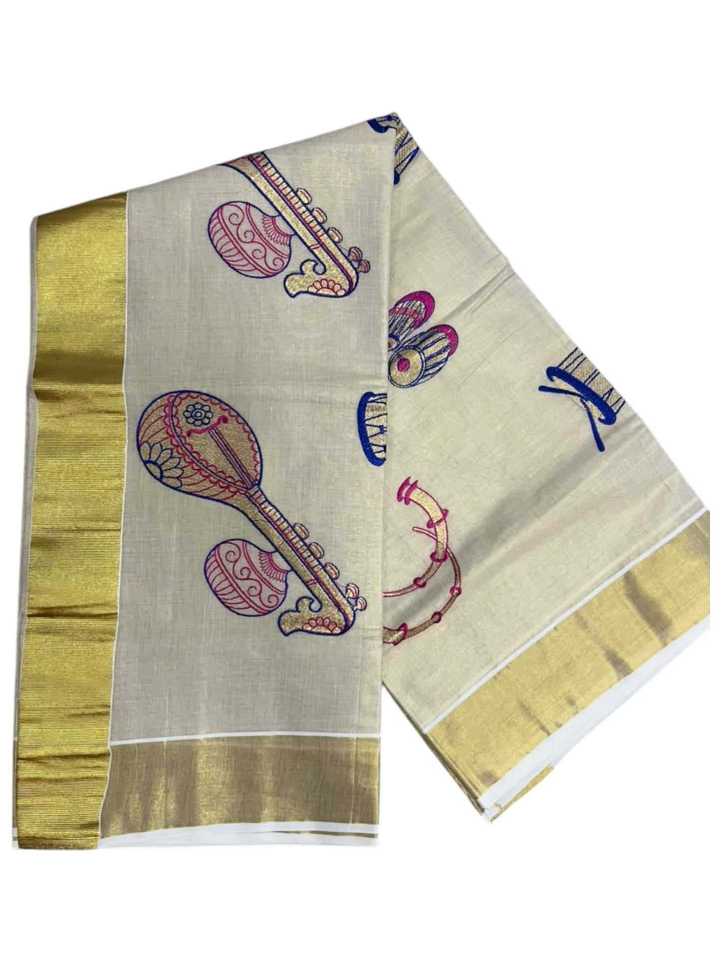 Southloom Kerala Tissue Blue&Pink Veena Embroidery Saree SL302