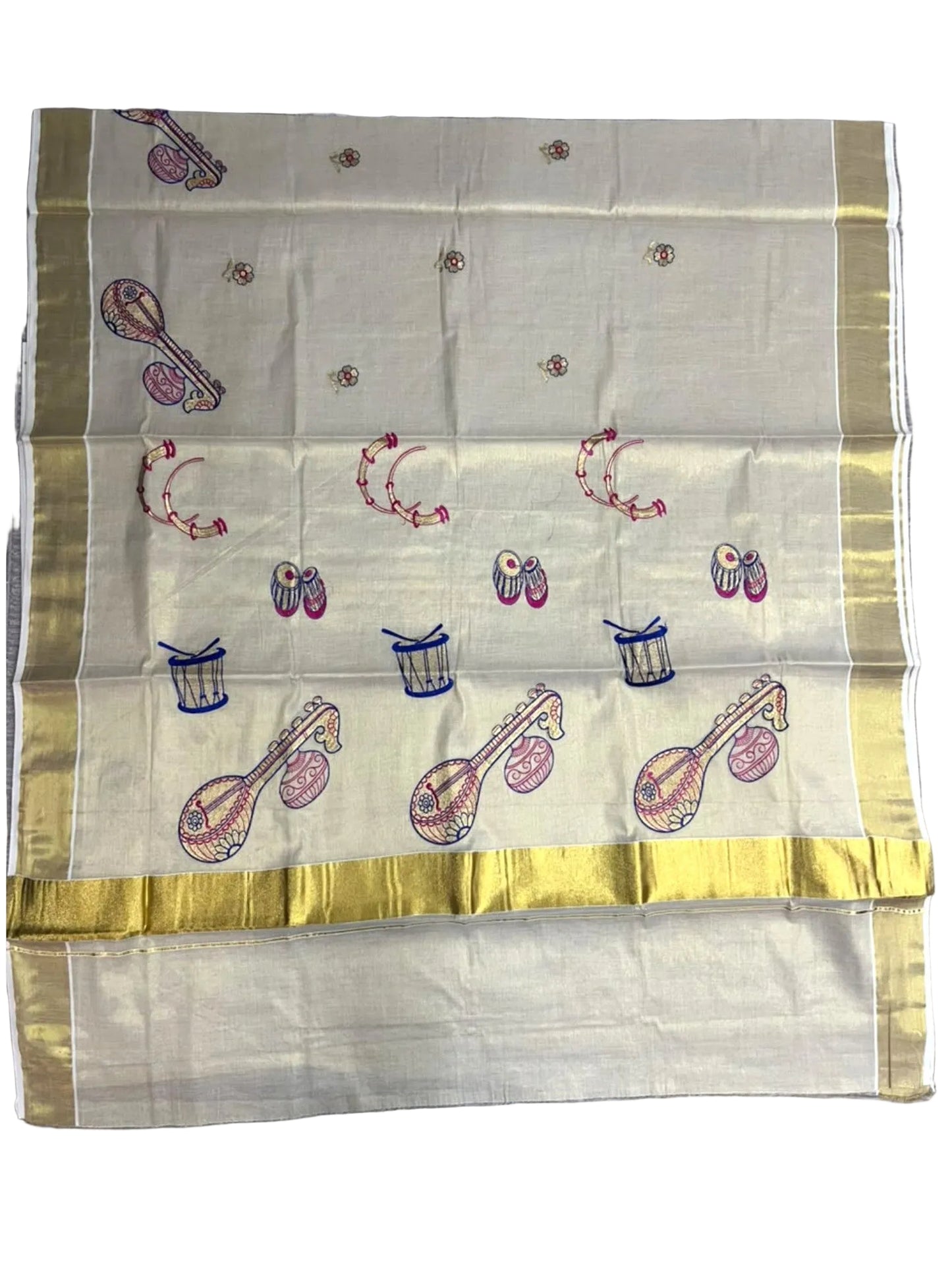 Southloom Kerala Tissue Blue&Pink Veena Embroidery Saree SL302