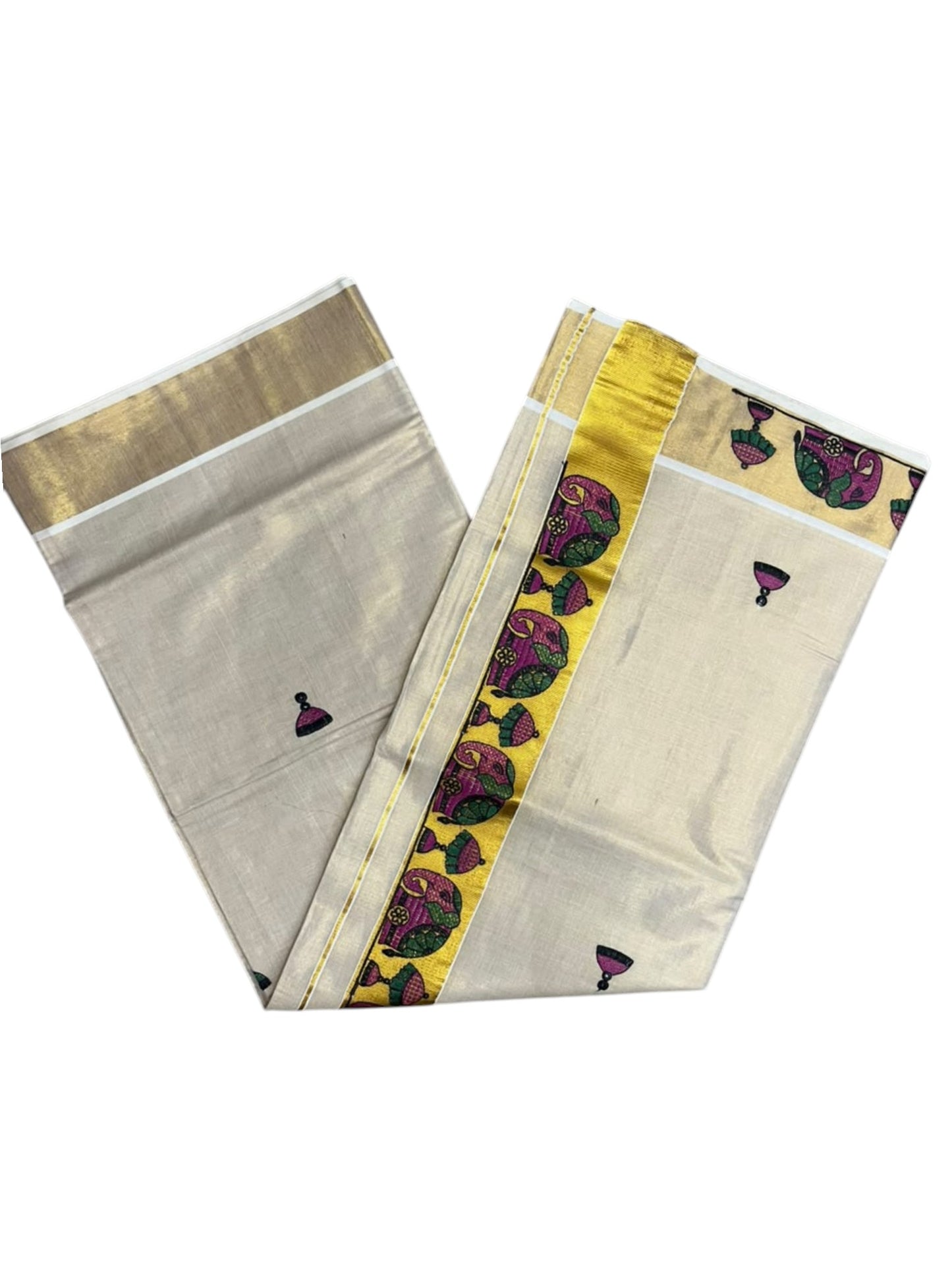 Southloom Tissue Kerala Kasavu Saree with Elephant Embroidery Design