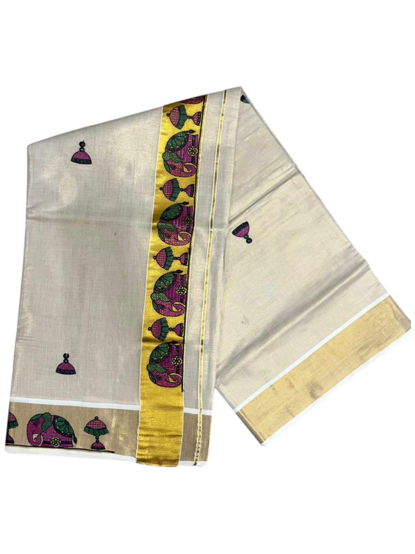 Southloom Tissue Kerala Kasavu Saree with Elephant Embroidery Design
