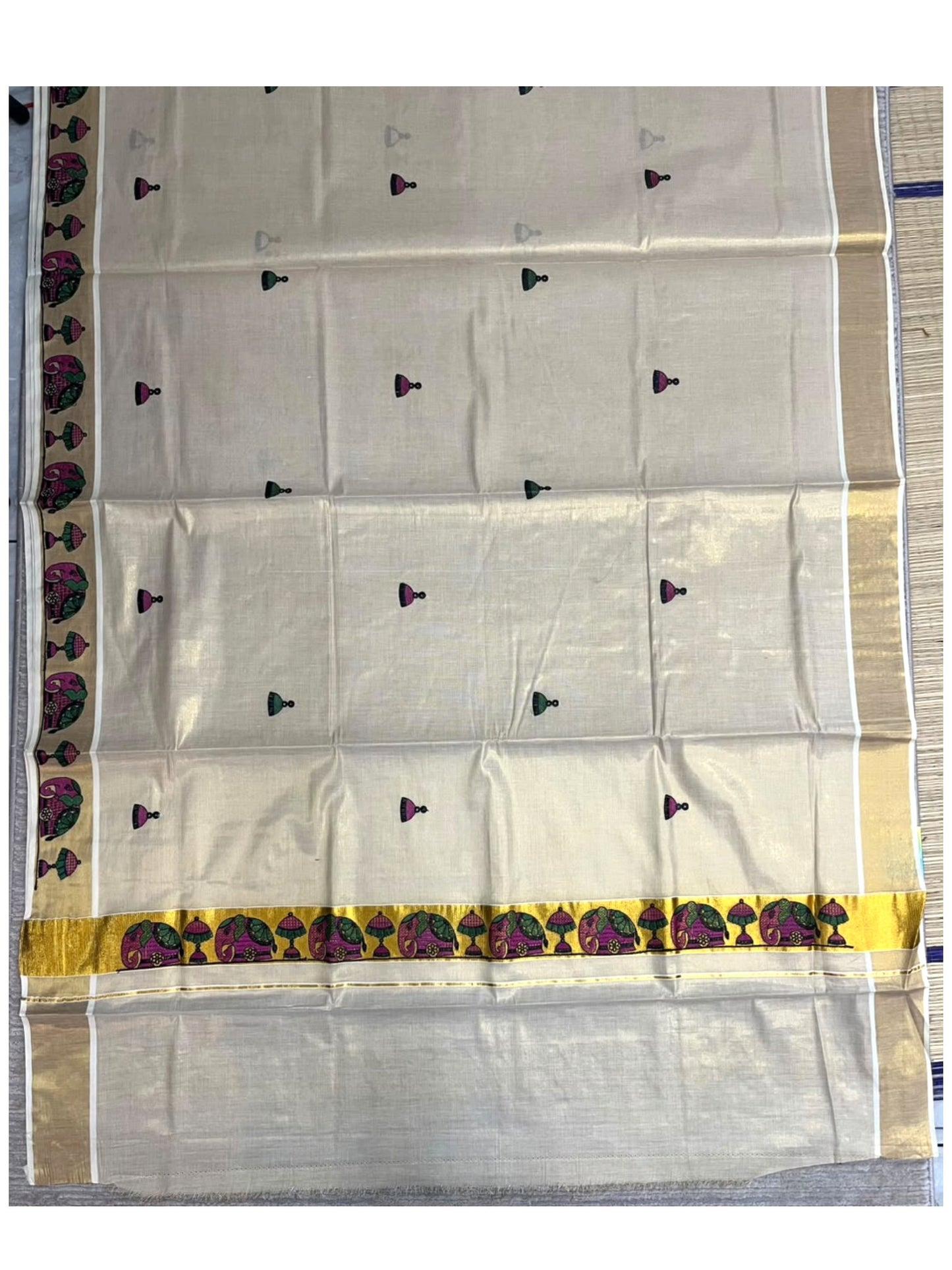 Southloom Tissue Kerala Kasavu Saree with Elephant Embroidery Design