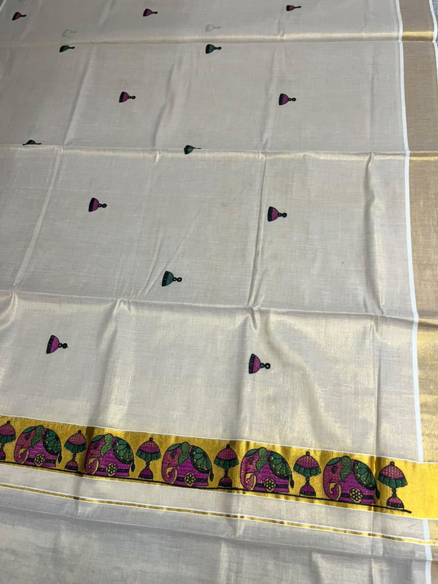 Southloom Tissue Kerala Kasavu Saree with Elephant Embroidery Design