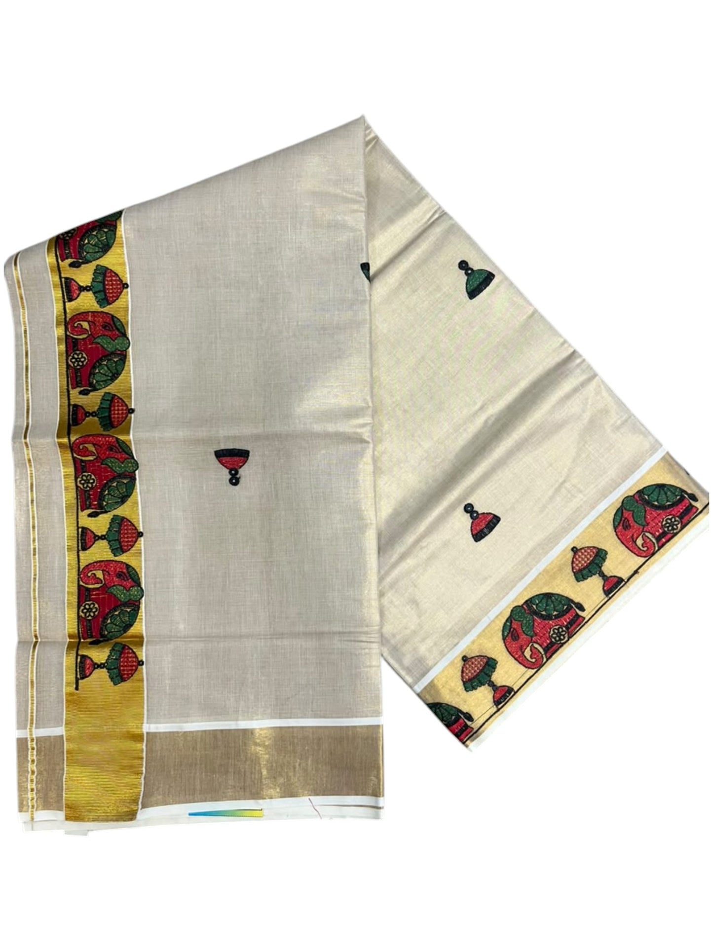 Southloom Tissue Kerala Kasavu Saree with Elephant Embroidery Design
