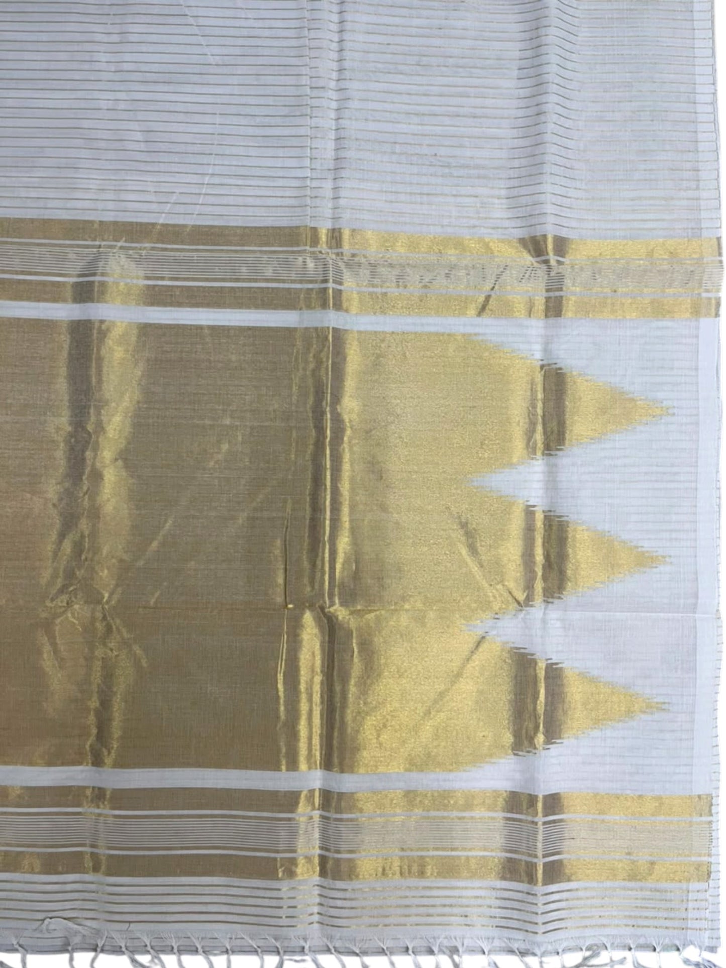 Southloom Super Premium Balaramapuram Handloom Cotton Saree With Stripes And Temple Gold Kasavu on Border