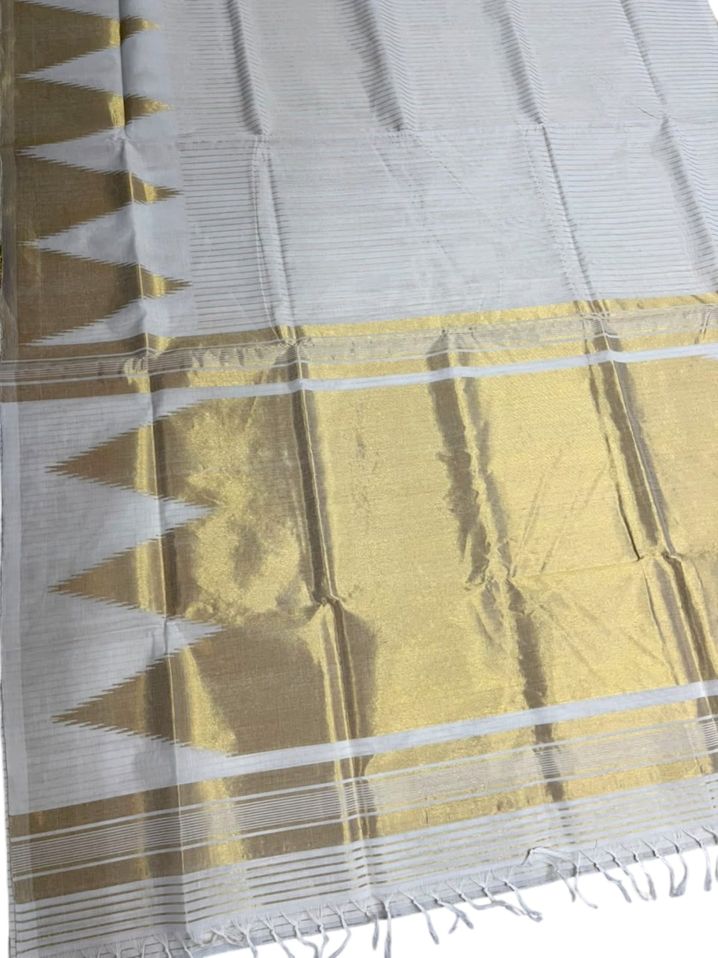 Southloom Super Premium Balaramapuram Handloom Cotton Saree With Stripes And Temple Gold Kasavu on Border