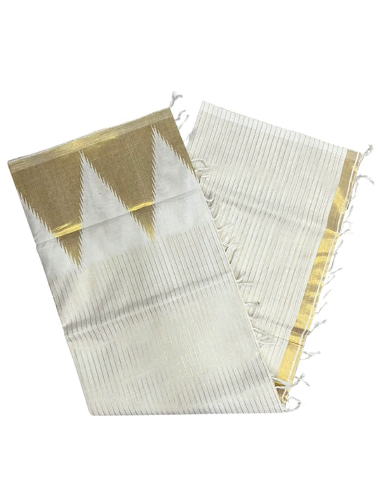 Southloom Super Premium Balaramapuram Handloom Cotton Saree With Stripes And Temple Gold Kasavu on Border