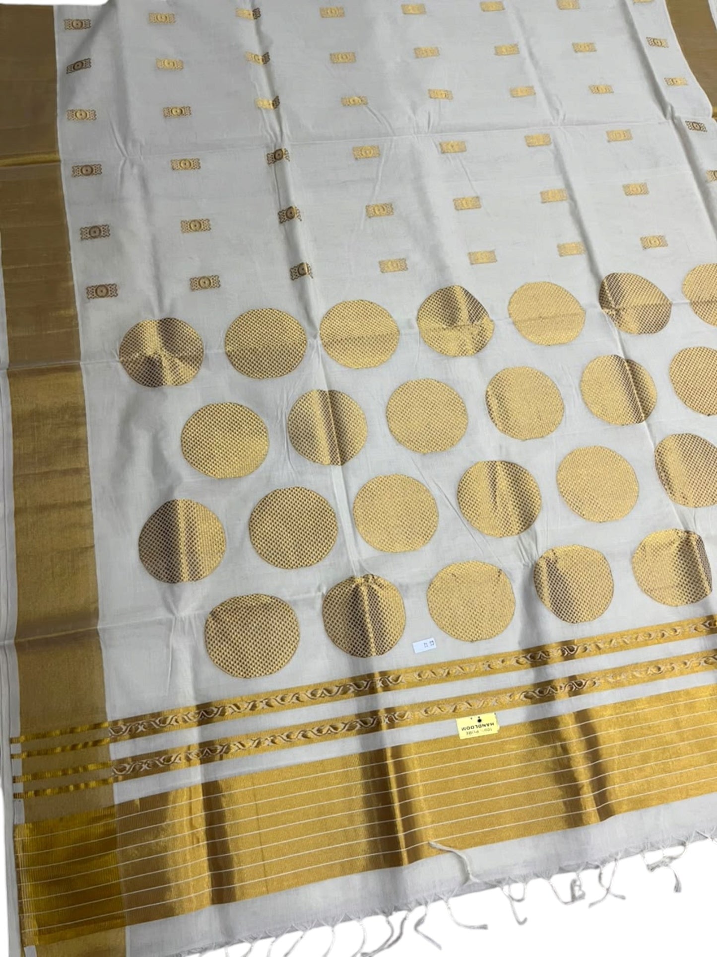 Southloom Super Premium Balaramapuram Handloom Cotton Saree With Golden Butta Works on Body and polka design on pallu