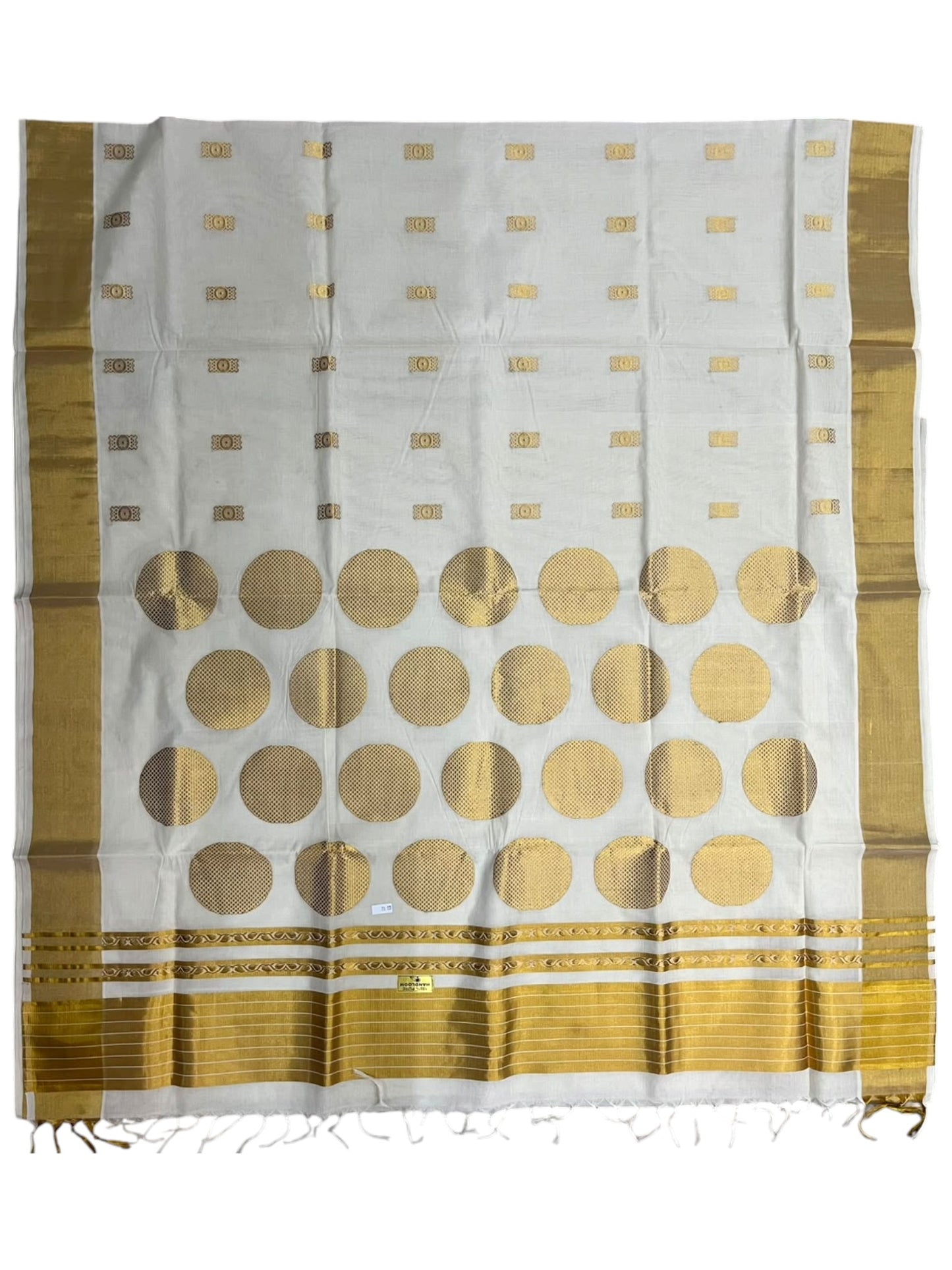 Southloom Super Premium Balaramapuram Handloom Cotton Saree With Golden Butta Works on Body and polka design on pallu