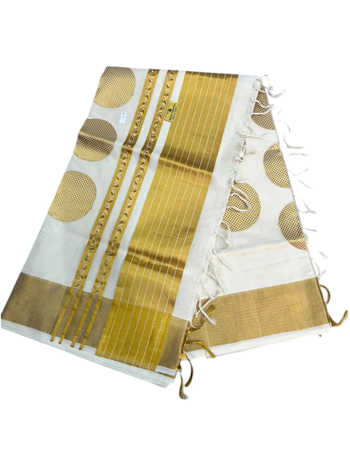 Southloom Super Premium Balaramapuram Handloom Cotton Saree With Golden Butta Works on Body and polka design on pallu