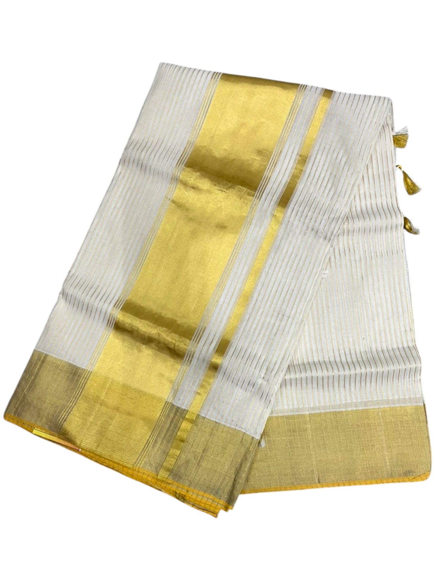 Southloom Super Premium Balaramapuram Handloom Cotton Saree with Stripes Design And Gold Kasavu on Border