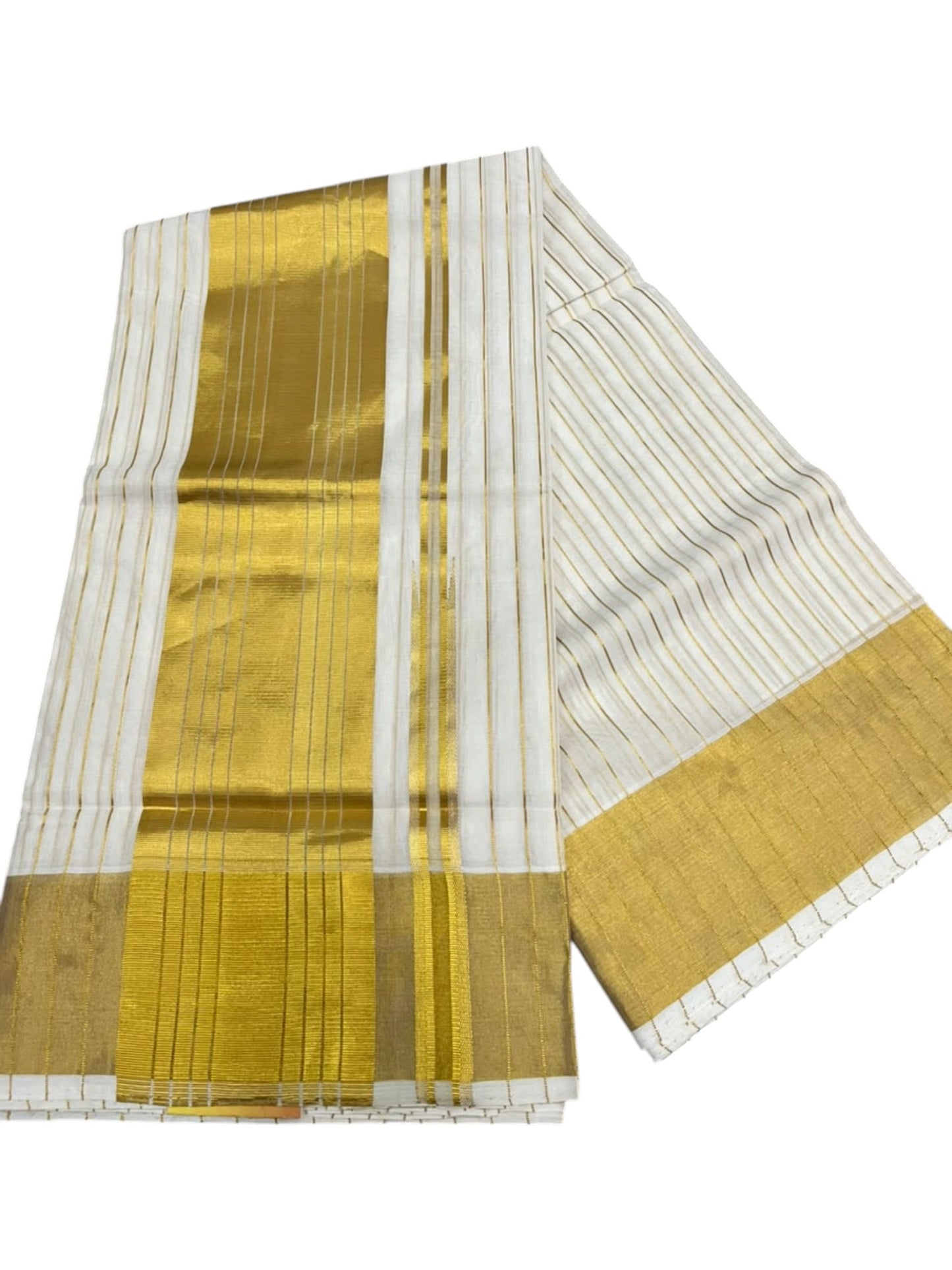Southloom Super Premium Balaramapuram Handloom Cotton Saree with Stripes Design And Gold Kasavu on Border