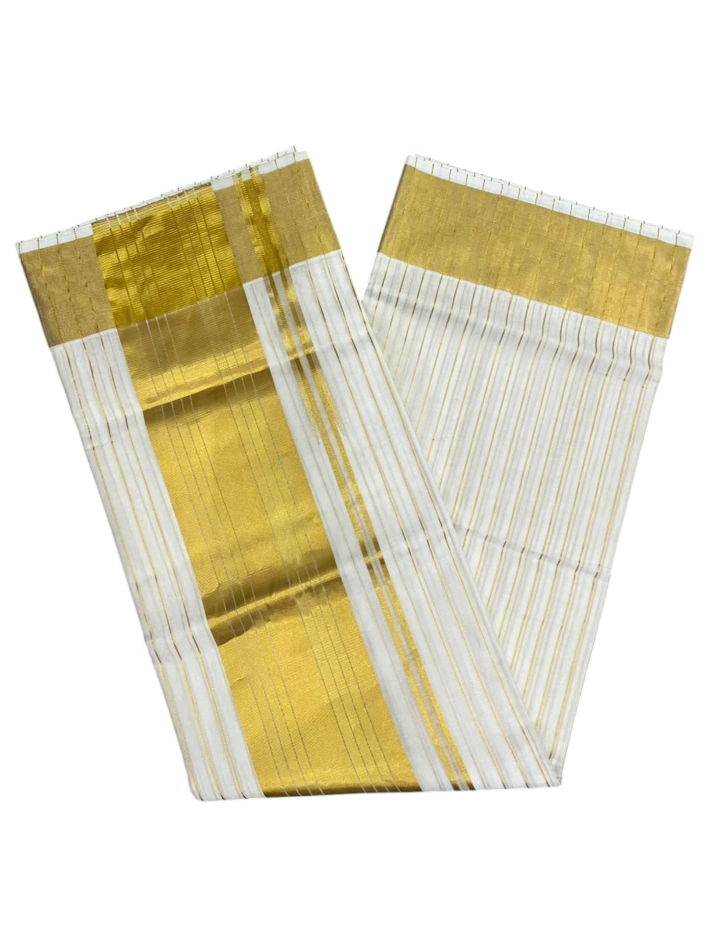 Southloom Super Premium Balaramapuram Handloom Cotton Saree with Stripes Design And Gold Kasavu on Border