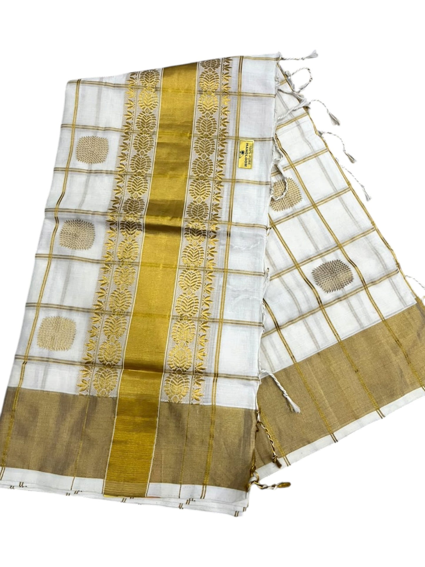 Southloom Super Premium Balaramapuram Handloom Cotton Check Saree With Golden Butta Works on Body and Borders