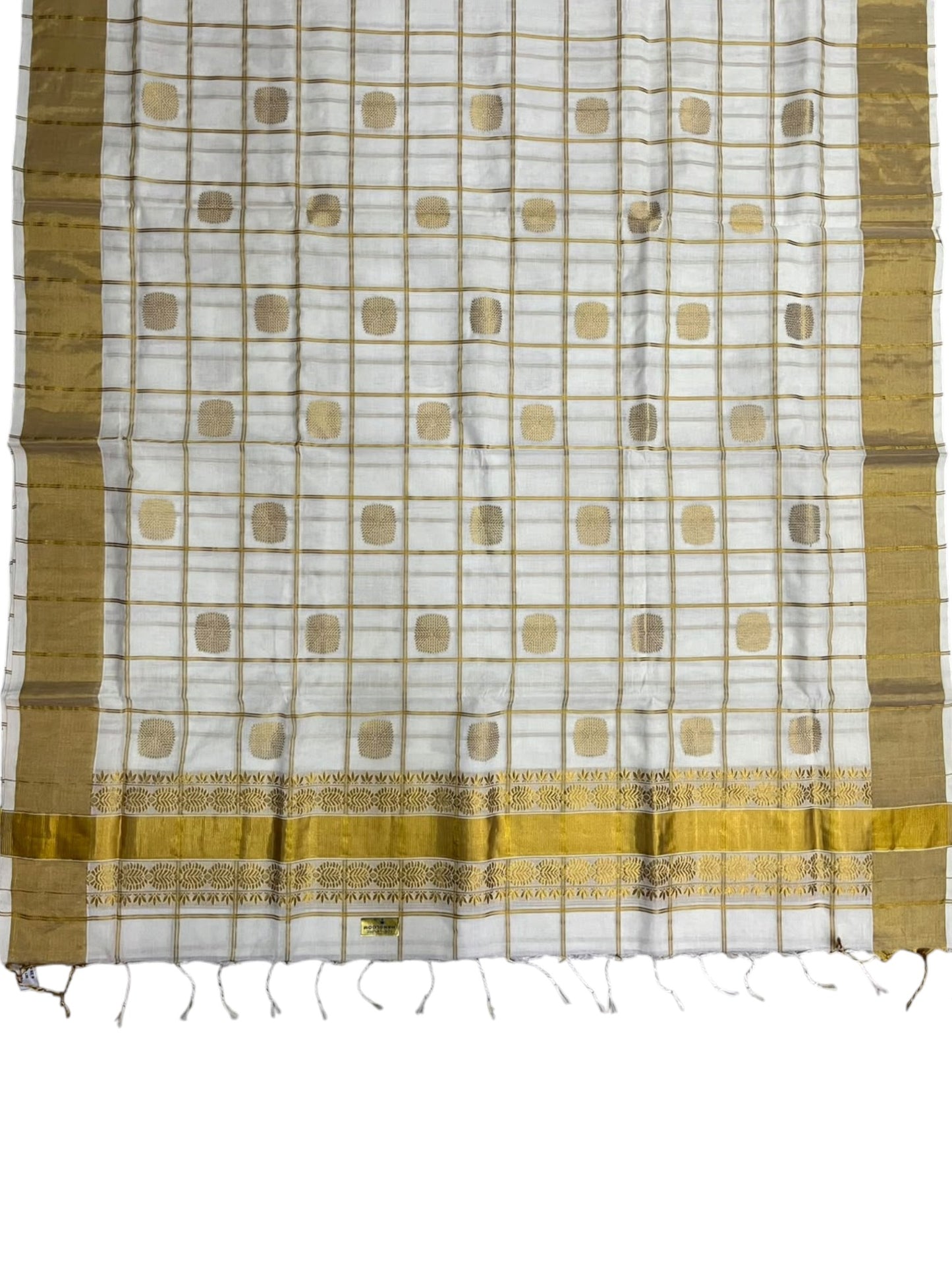 Southloom Super Premium Balaramapuram Handloom Cotton Check Saree With Golden Butta Works on Body and Borders