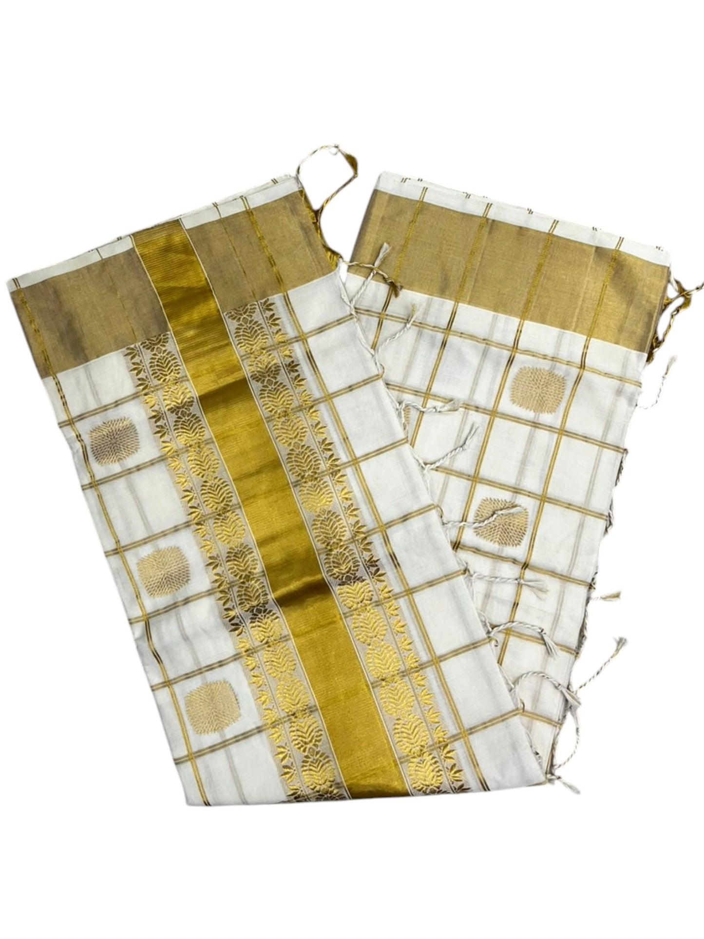 Southloom Super Premium Balaramapuram Handloom Cotton Check Saree With Golden Butta Works on Body and Borders