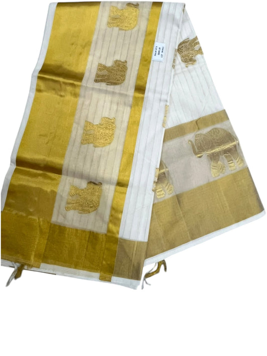 Southloom Super Premium Balaramapuram Handloom Cotton Stripes Saree With Elephant Zari Works on Body and Borders SL626