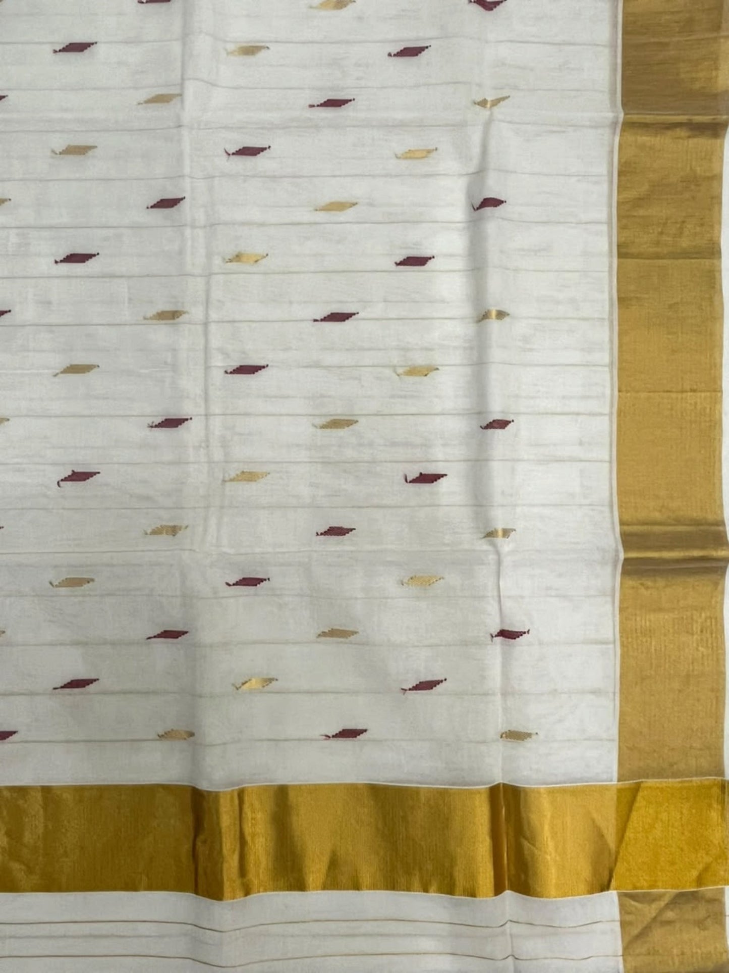Southloom Super Premium Balaramapuram Handloom Cotton Stripes Saree With Gold And Maroon Woven Works on Body and Golden Zari Borders