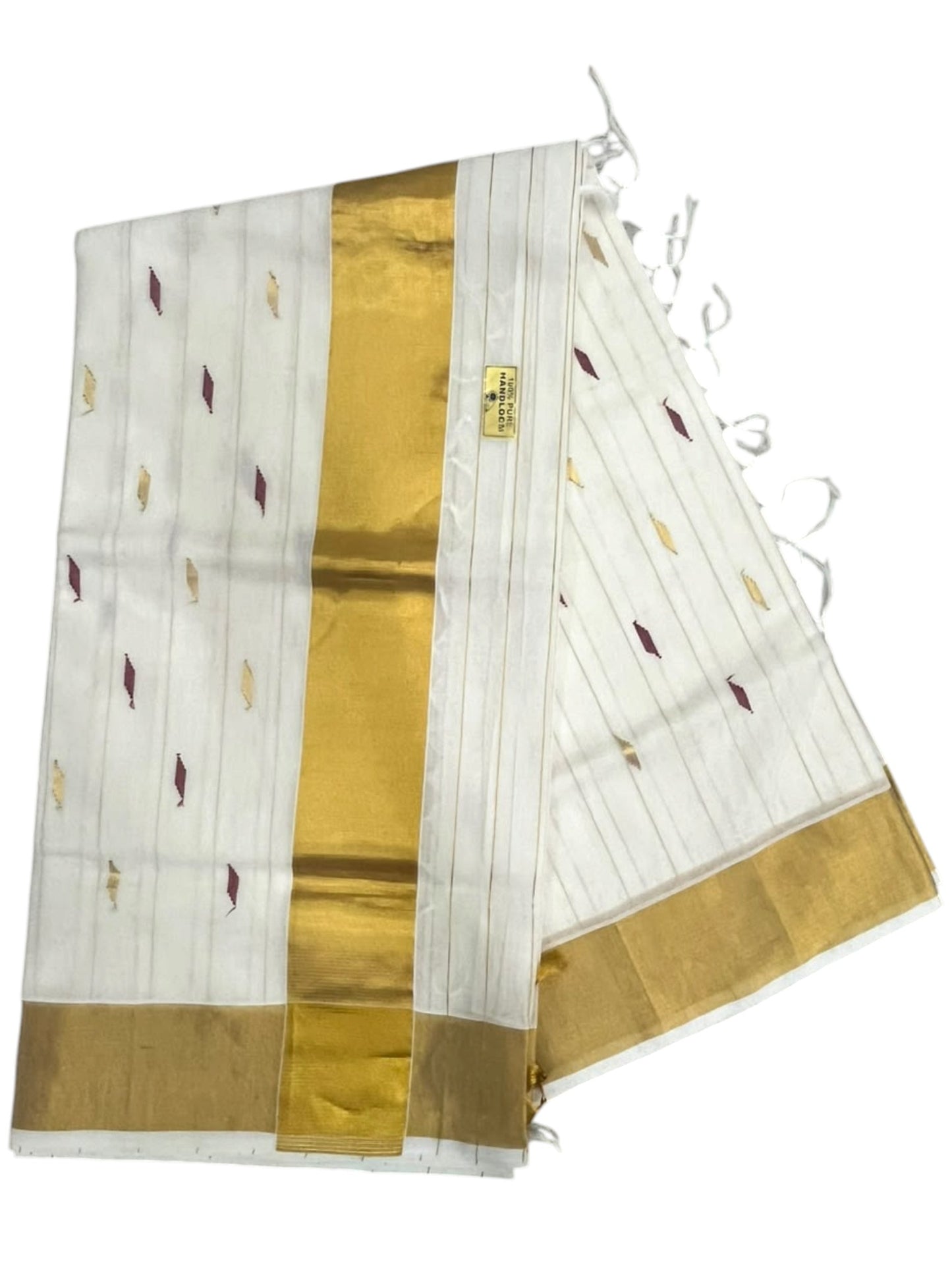 Southloom Super Premium Balaramapuram Handloom Cotton Stripes Saree With Gold And Maroon Woven Works on Body and Golden Zari Borders